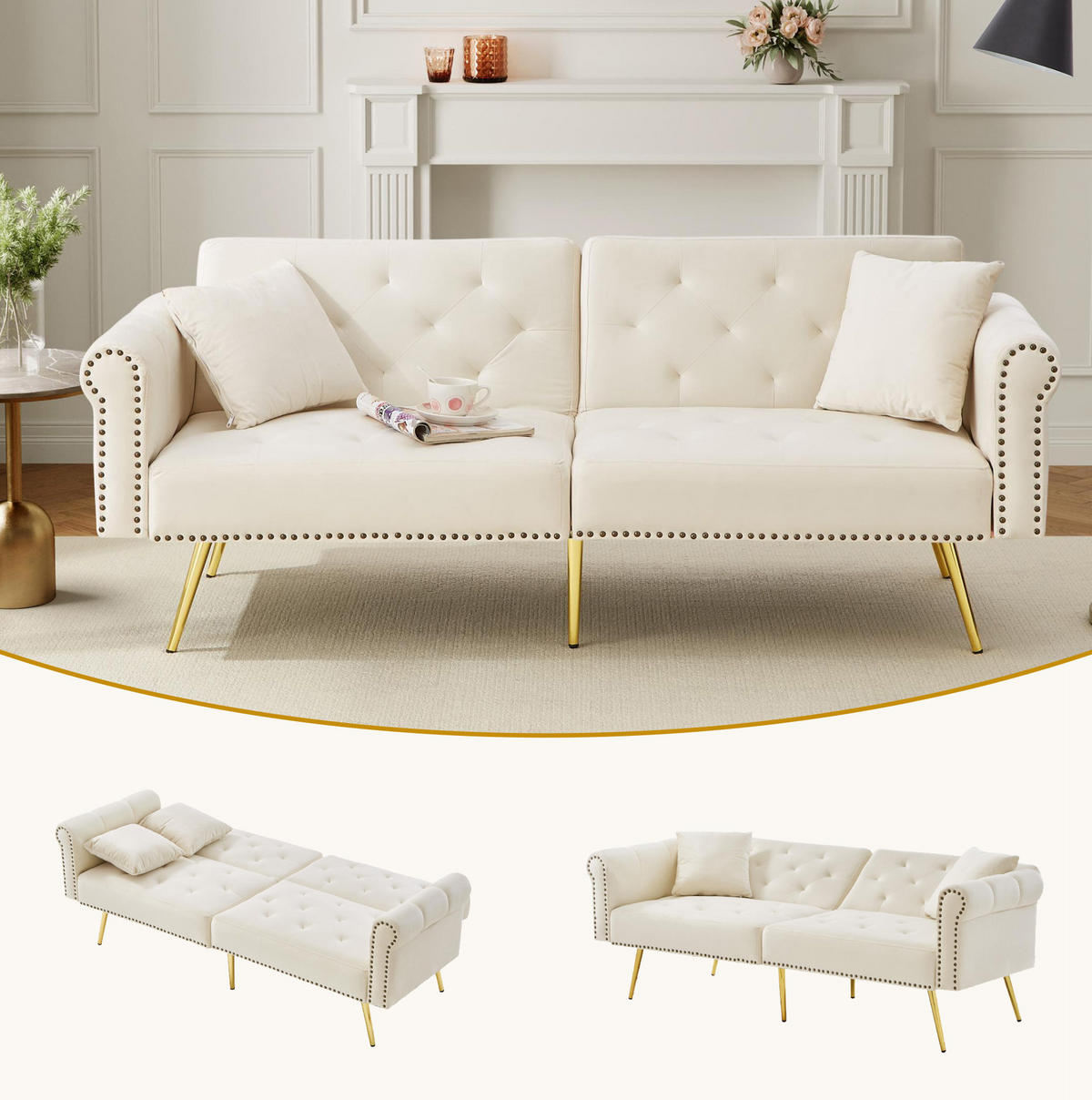 SOFA mit Schlaffunktion 2-Sitzer 147x85 cm Samt Beige - Beige, Kunststoff (173/70/75cm) - Meubliv
