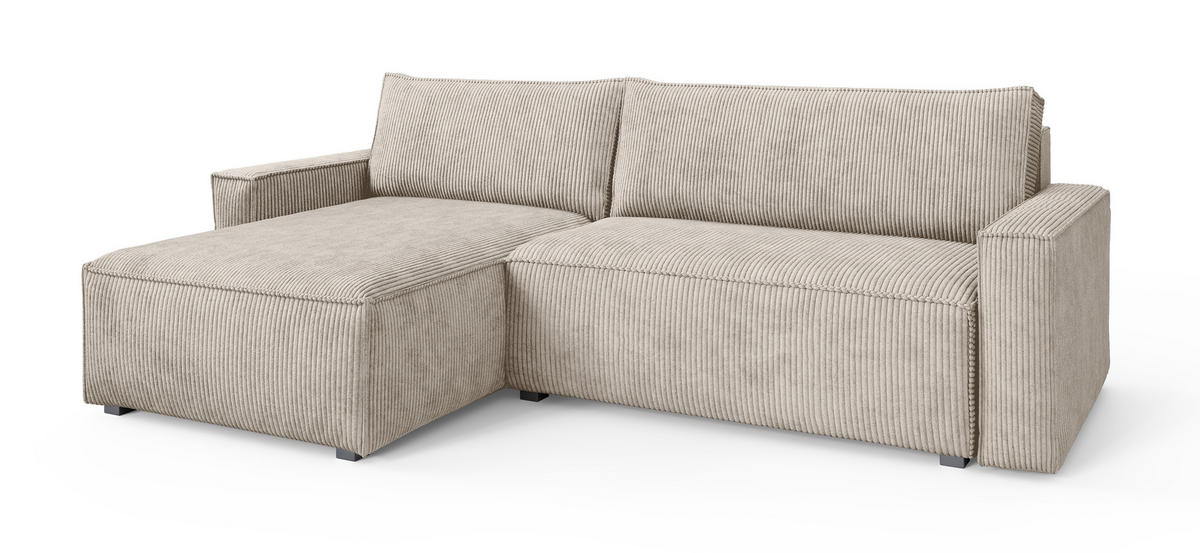 ECKSOFA BESMIR Creme Kordstoff mit Schlaffunktion - Creme, Holz (275/148cm) - MASSENO