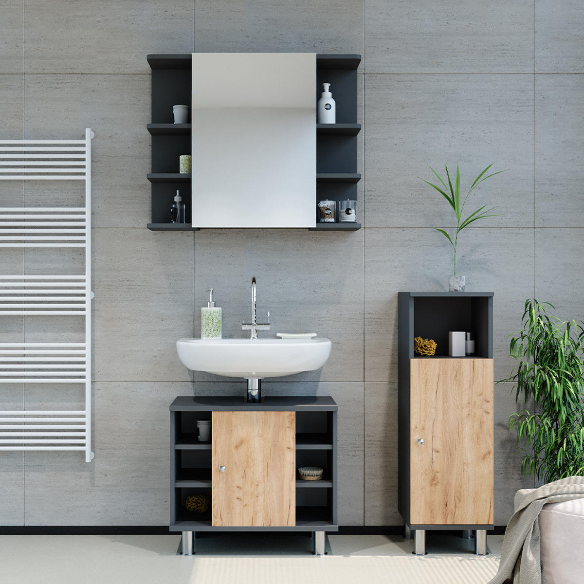BADMÖBEL-SET Fynn Anthrazit/Goldkraft Eiche 3 Teile mit Midischrank - Honigeiche/Anthrazit, Holzwerkstoff (60/54/32cm) - Vicco