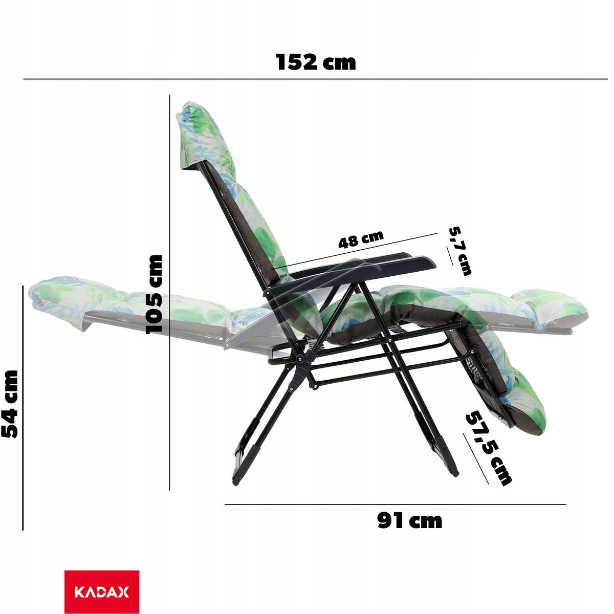 GARTENLIEGESTUHL 152 x 58 cm Blätter - Grau/Grün, Metall (58/152cm) - KADAX