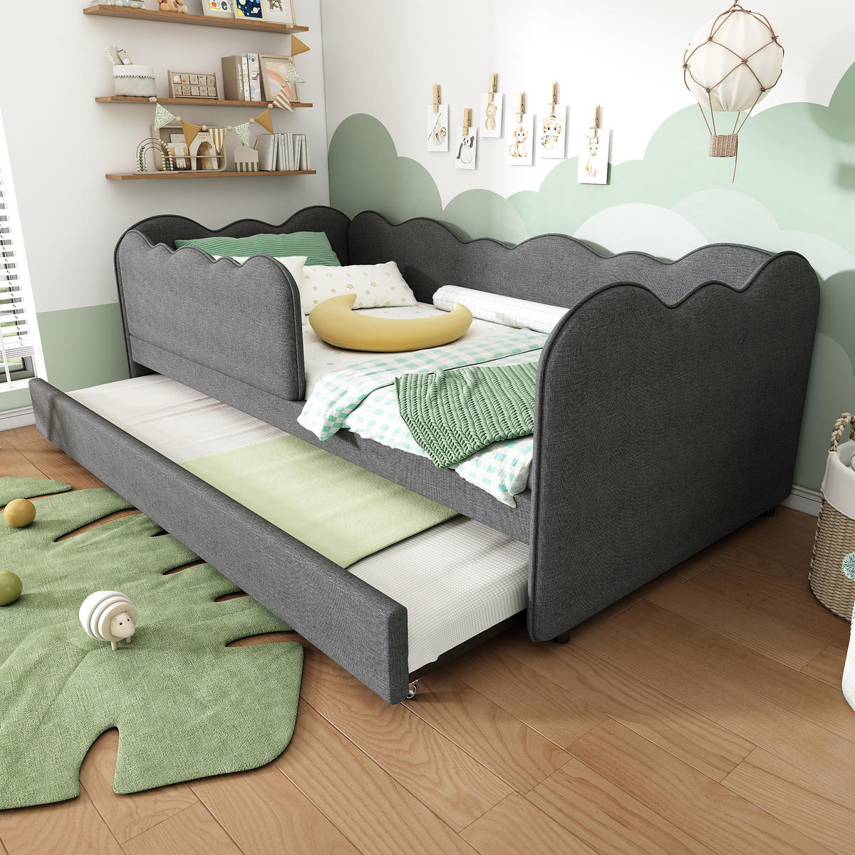 TAGESBETT 90/190 cm Grau mit Ausziehbett aus Leinen - Grau, Textil (90/190cm) - OKWISH