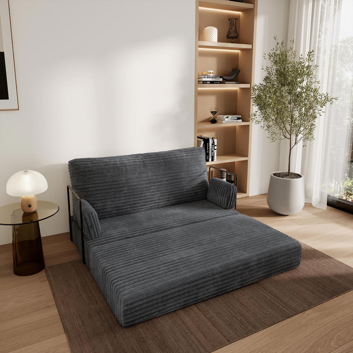 POHOVKA z pěny LADIA s kovovým rámem Manšestrová látka Grafitová - tmavě šedá/antracitová, textil (140/86/60cm) - MASSENO