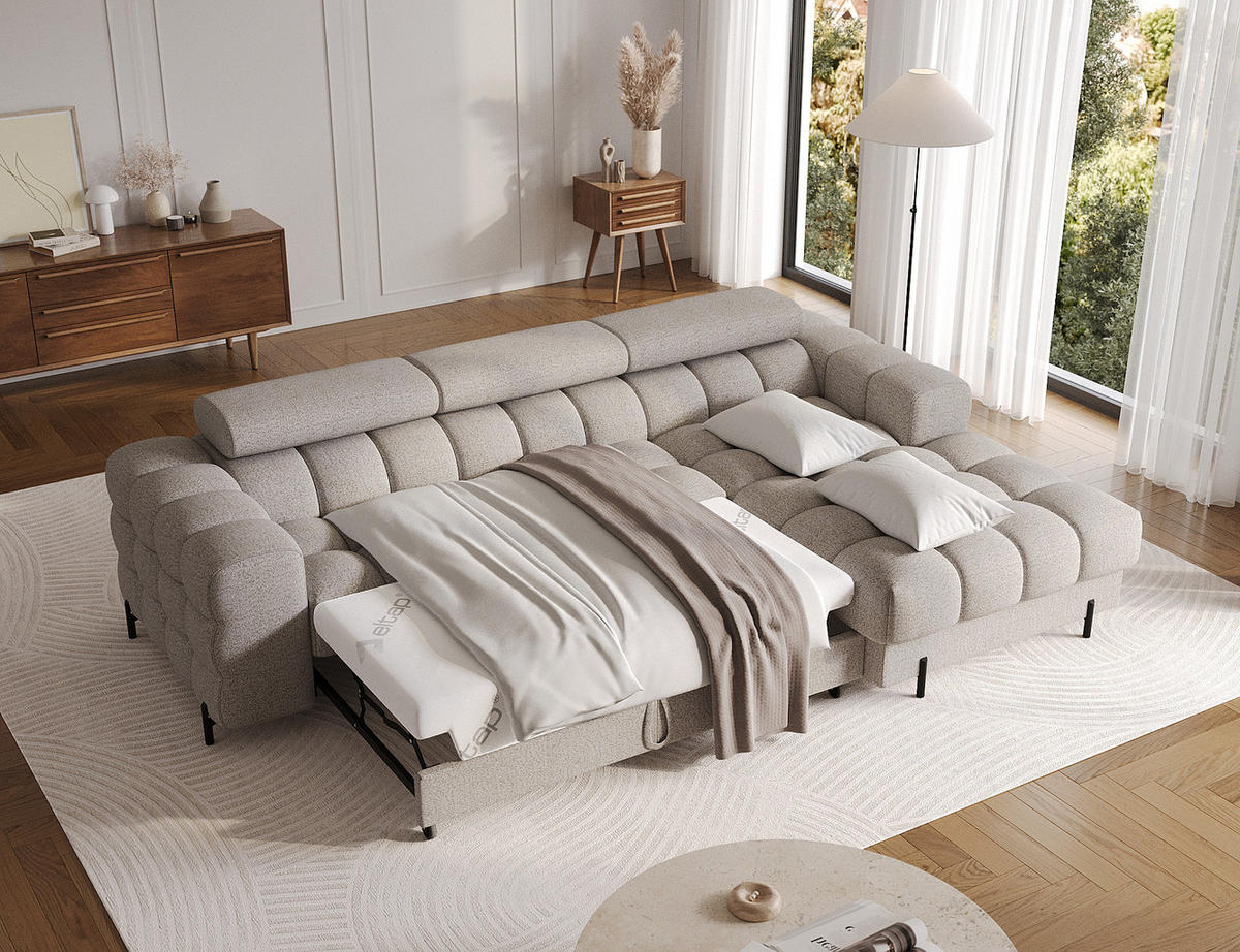 ECKSOFA FELRO mit Schlaffunktion, Bettkasten & verstellbaren Kopfstützen – Modernes Premium-Ecksofa in L-Form - Beige, Kunststoff (181/285cm) - Wohnideebilder