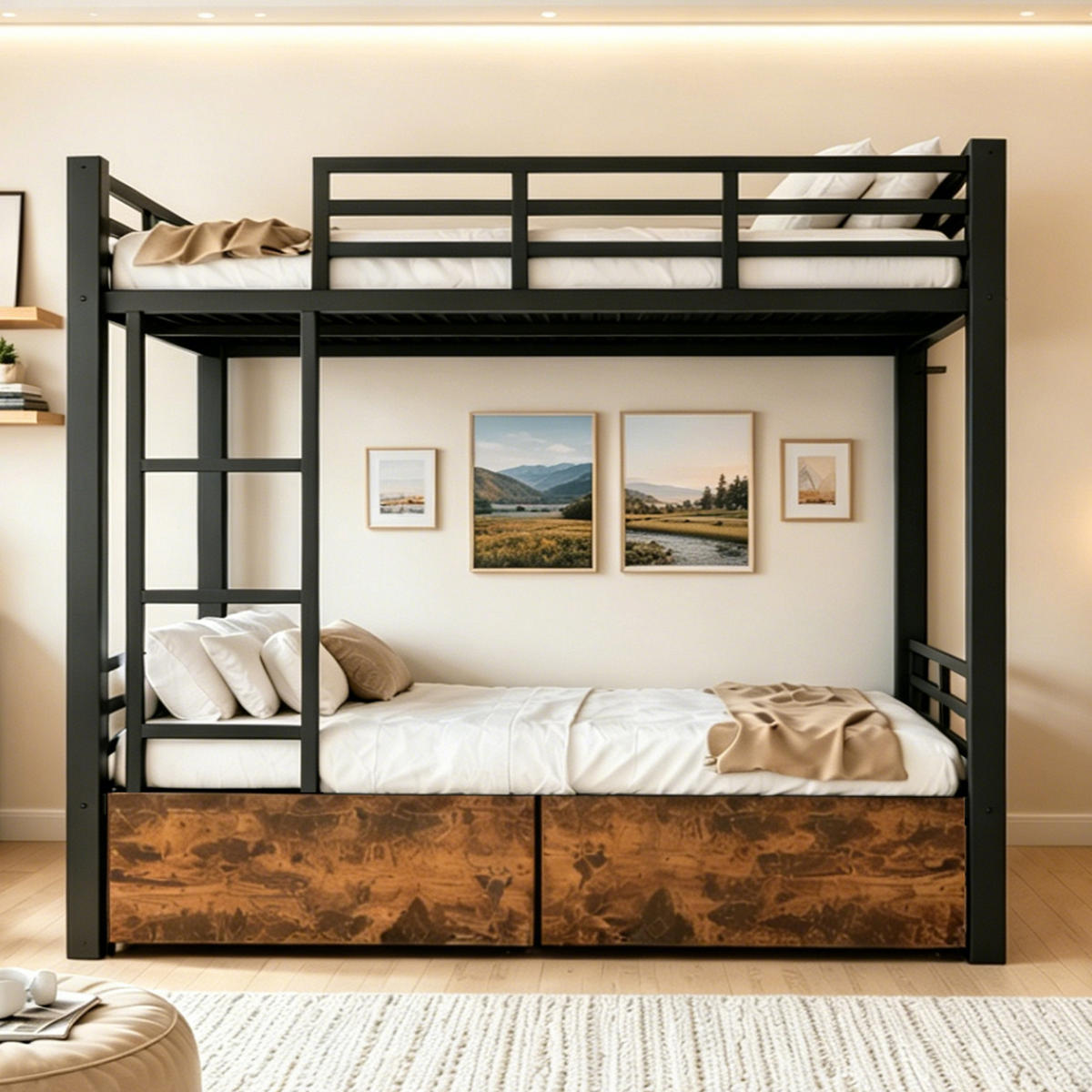ETAGENBETT 90/200 cm & 90/200 cm in Schwarz Kinderbett mit 2 Schubladen und Leiter Metall-Design - Schwarz, Holzwerkstoff/Metall (90/200cm) - STILVORA