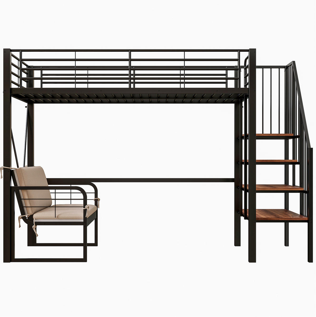 ETAGENBETT 90/200 cm mit abnehmbarem Polstersofa, Stauraumtreppe und Metallrahmen, Schwarz - Schwarz, Holzwerkstoff (90/200cm) - Redom