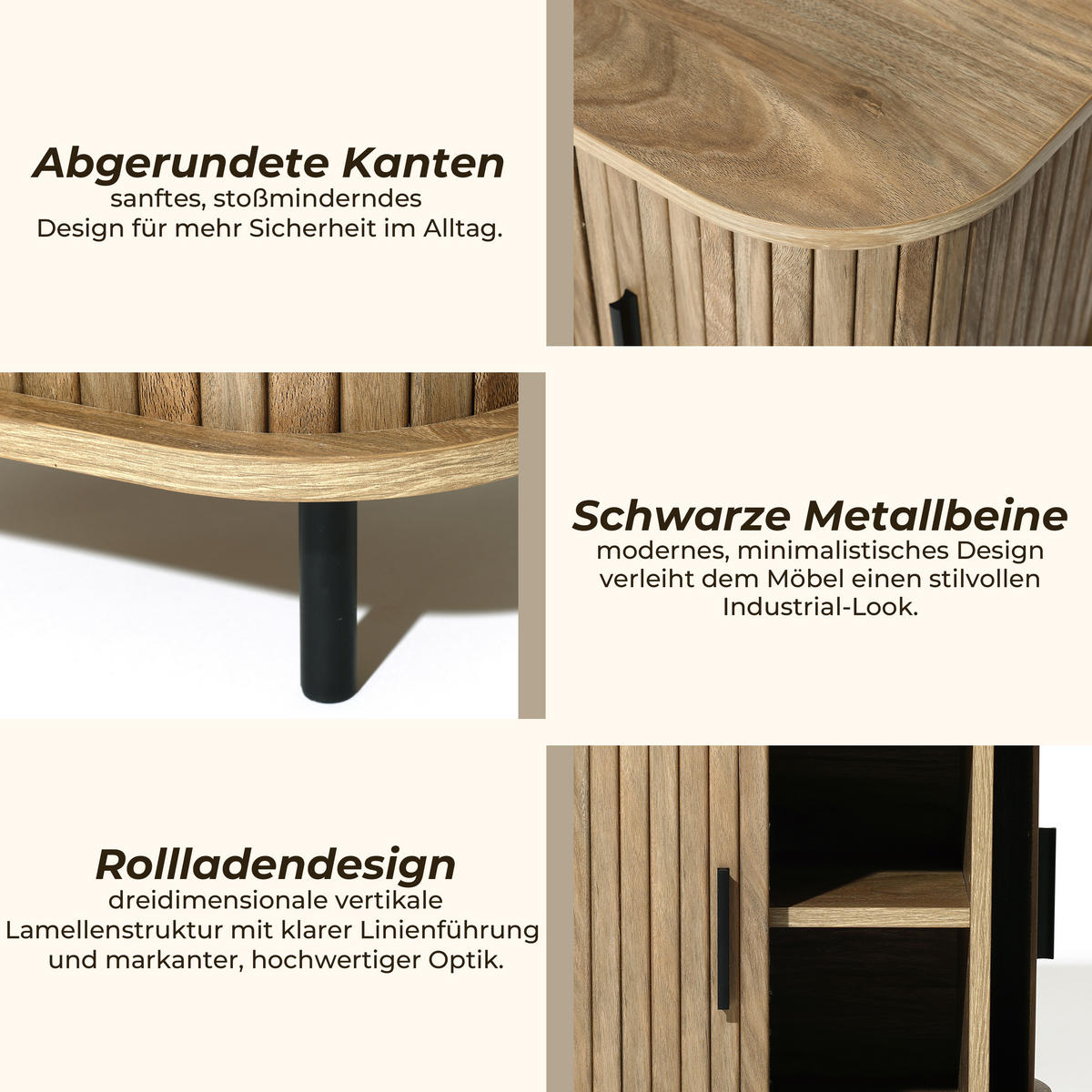NACHTTISCH Mid-Century mit Rolltür, Holz | B45 x T40 x H48 cm - Braun, Holzwerkstoff (45/48/40cm) - Hometopia