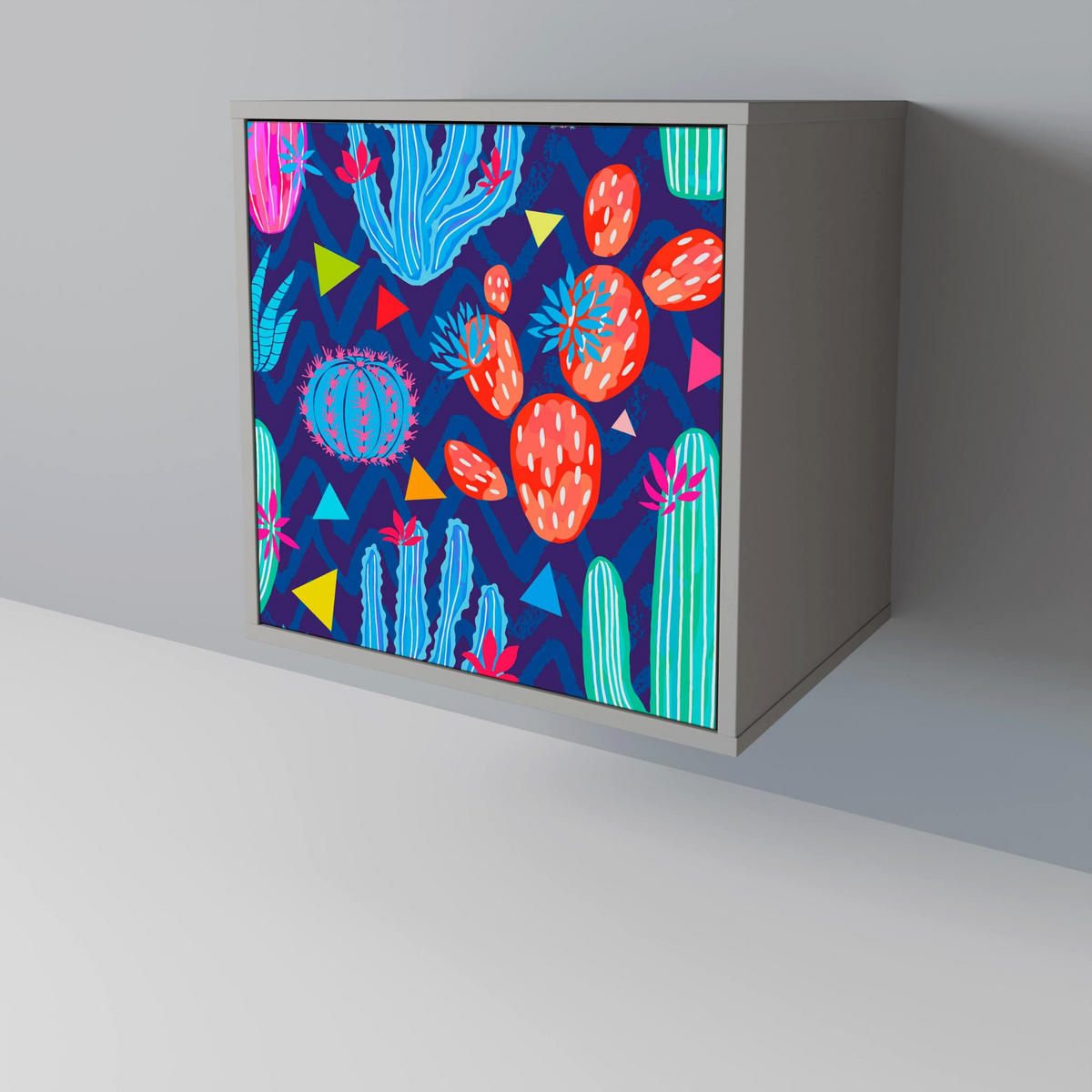 SIDEBOARD CACTUS VIBES, Grau, 57,5x42x77,5 cm, Schräge Buchenholzfüße - Buchefarben/Multicolor, Holzwerkstoff/Buchenholz (57.5/77.5/42cm) - SpaceRebels