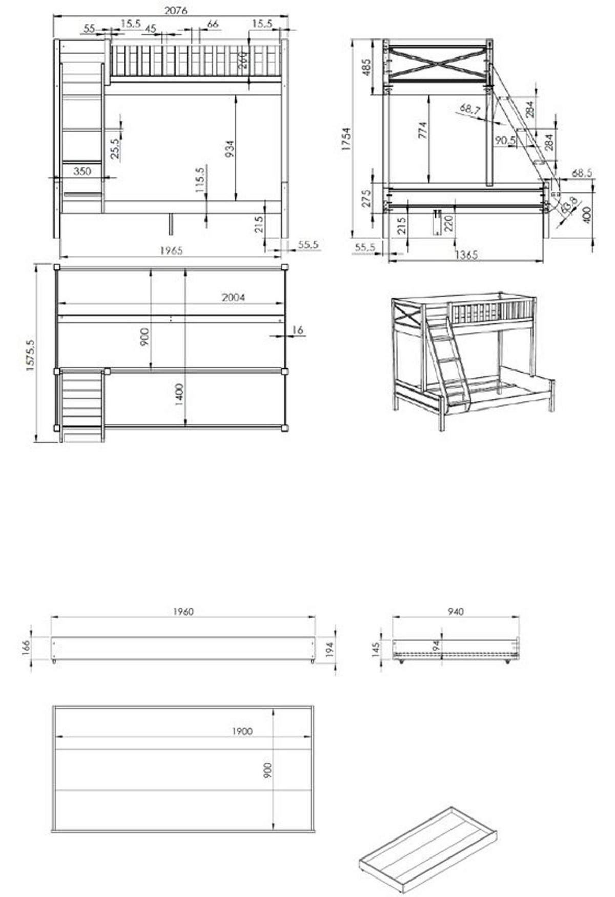 ETAGENBETT Karyl 208x175x158 aus Massivholz in Weiß - Weiß, Holz (90/200cm) - 58aufmkessel