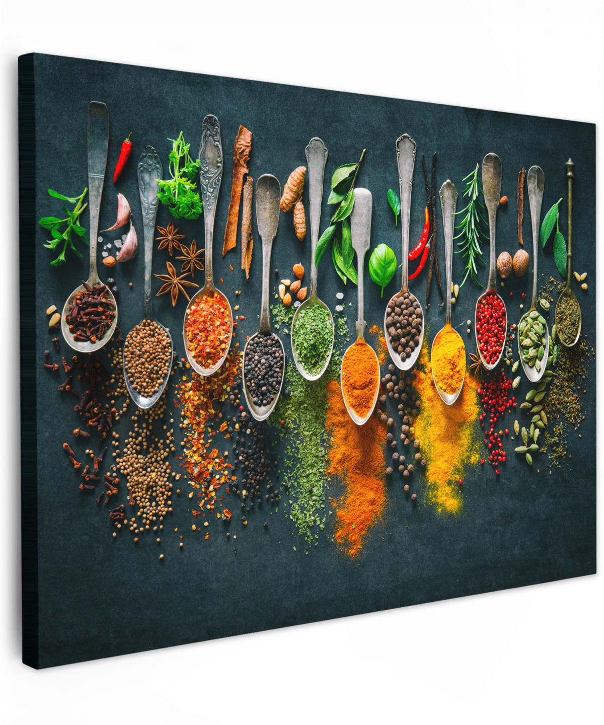 LEINWANDBILD Kräuter - Gewürze - Löffel 40x30 cm - Currygelb, Textil (40/30cm) - MuchoWow