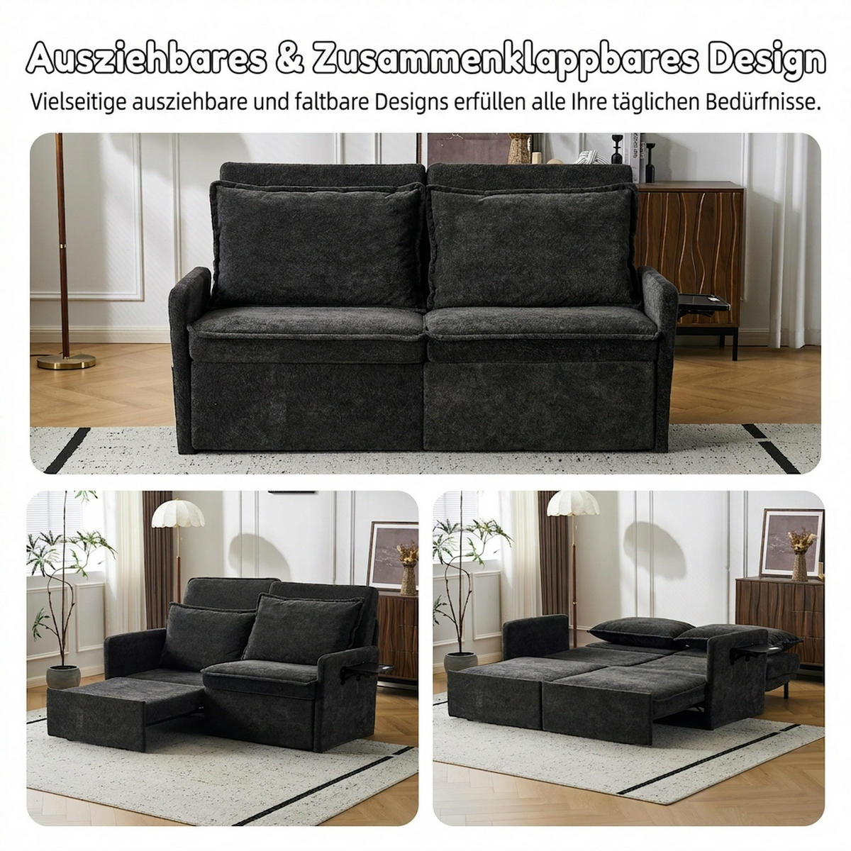 SCHLAFSOFA 172.5/71/95 cm Schwarz mit USB-Anschluss, 5-fach verstellbarer Rückenlehne und Stauraum - Schwarz, Textil (71/95/172.5cm) - Oxeza