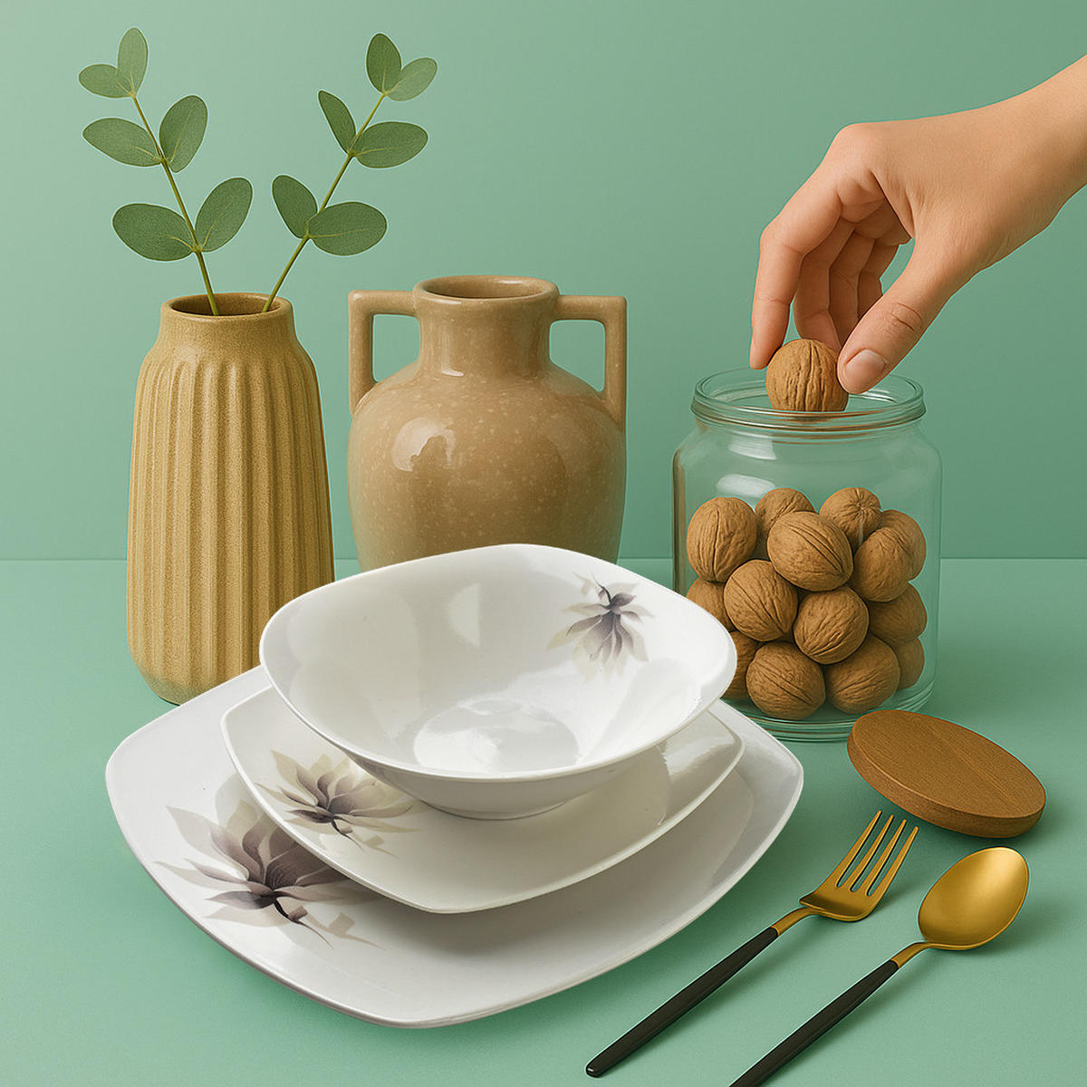 GESCHIRR-SET Magnolia 18-tlg weiß 23/23/2.5 cm Glas - Beige, Keramik (23/2.5/23cm) - Mondex