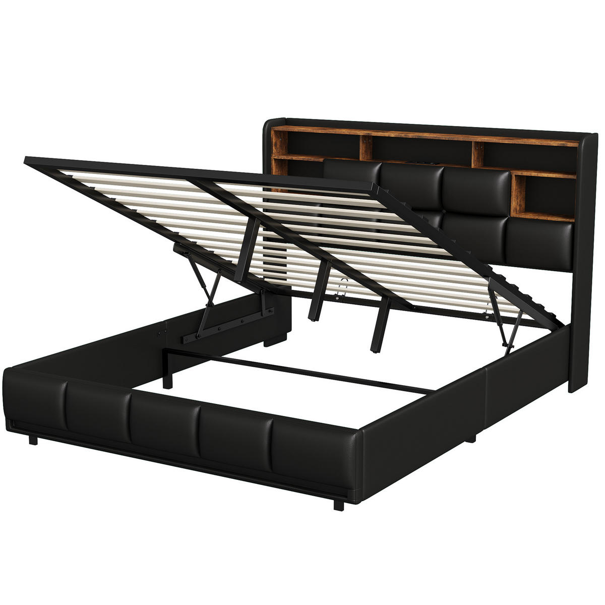 POLSTERBETT Industrial 140/200 cm mit Bettkasten & Dual-LED Kunstleder Schwarz - Schwarz, Textil (140/200cm) - Creahappy