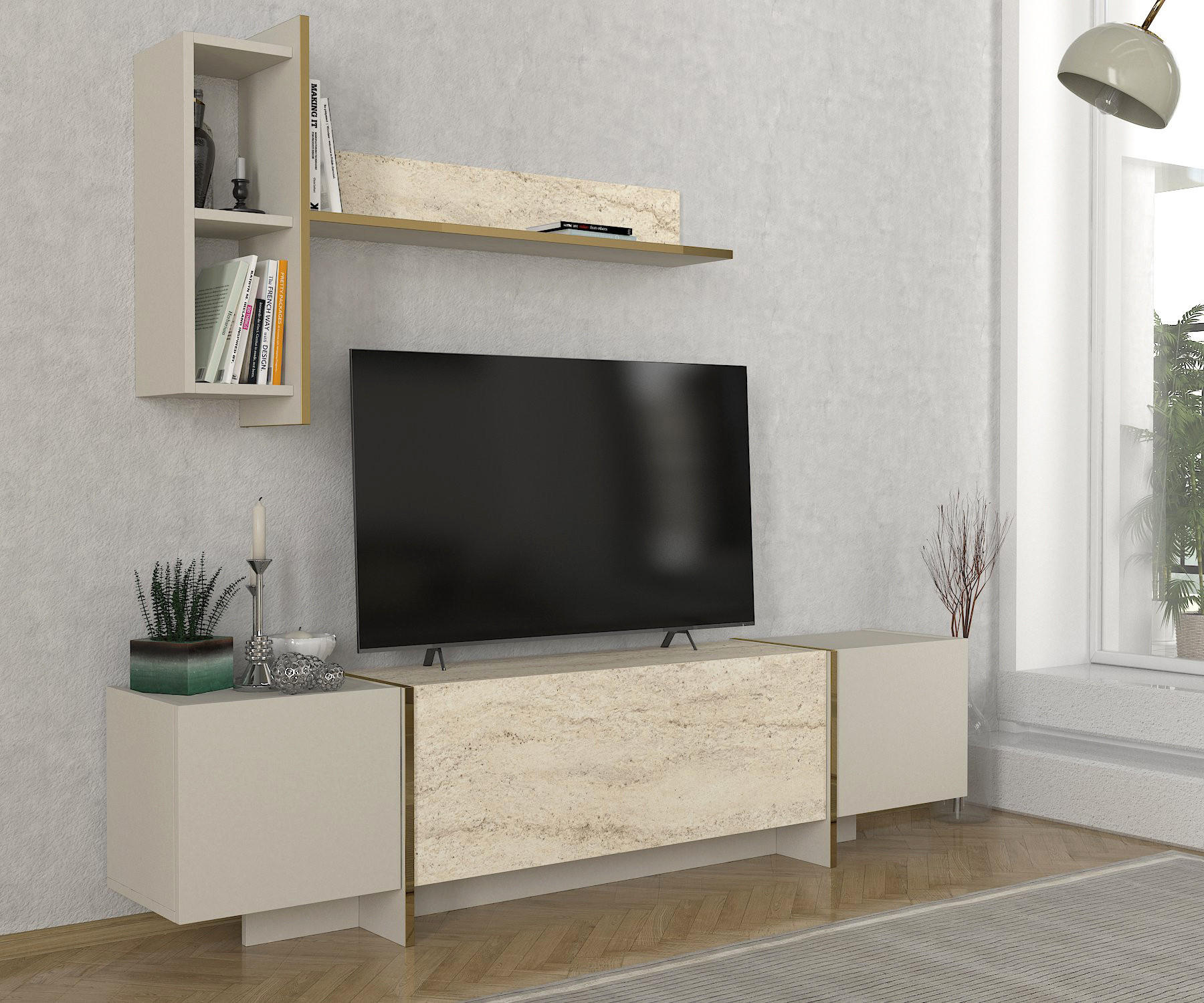 Thumbnail - moebel17 Wohnwand, Beige, Holzwerkstoff, Stein Optik, Marmor Optik, Rechteckig, 180x45x32 cm, Wohnzimmer, Wohnwände, Anb...