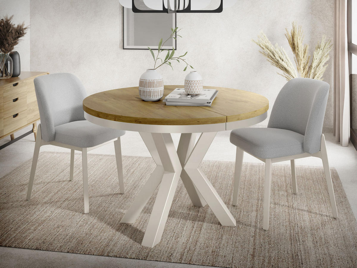 ESSTISCH Clara Beige Cashmere runder ausziehbarer, Lancelot Eiche 120-200/120/76 cm - Kaschmir/Eichefarben, Holzwerkstoff/Metall (120/120/76cm) - WFL GROUP