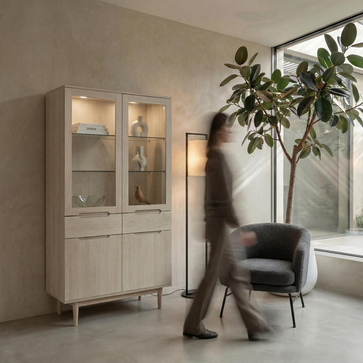 VITRINE mit LED Beleuchtung Eiche bianco - Eiche Bianco/Eichefarben, Holz/Holzwerkstoff (45/190/100cm) - Furnhouse