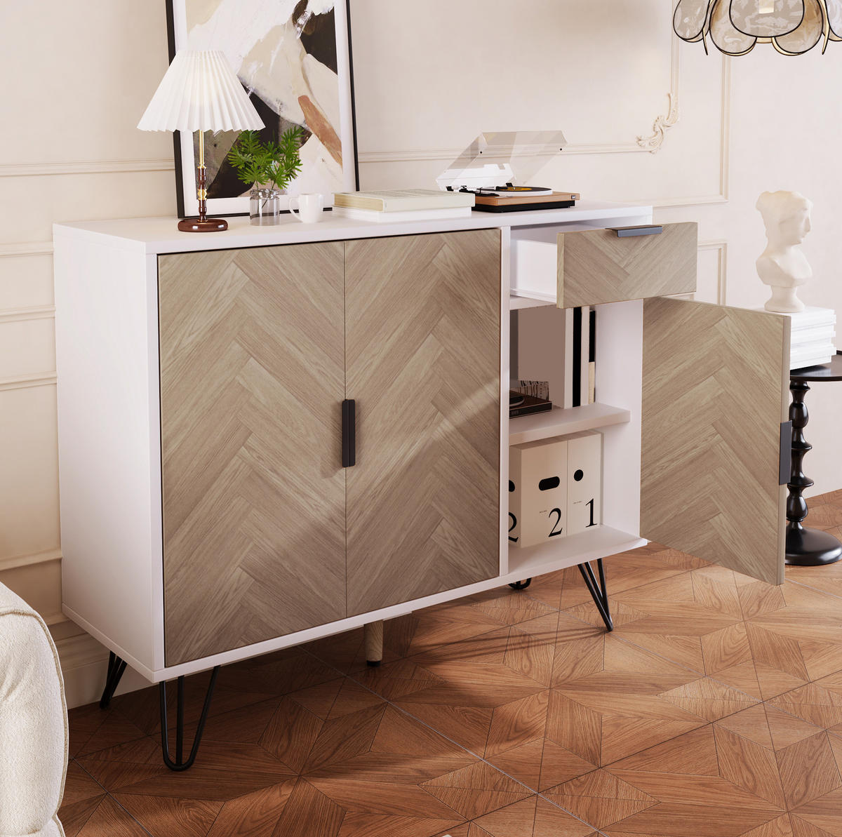 SIDEBOARD 90/30/71,5 cm in Weiß und Holzoptik mit Schublade und 3 Türen - Naturfarben, Holzwerkstoff (30/71.5/90cm) - Flora Grace