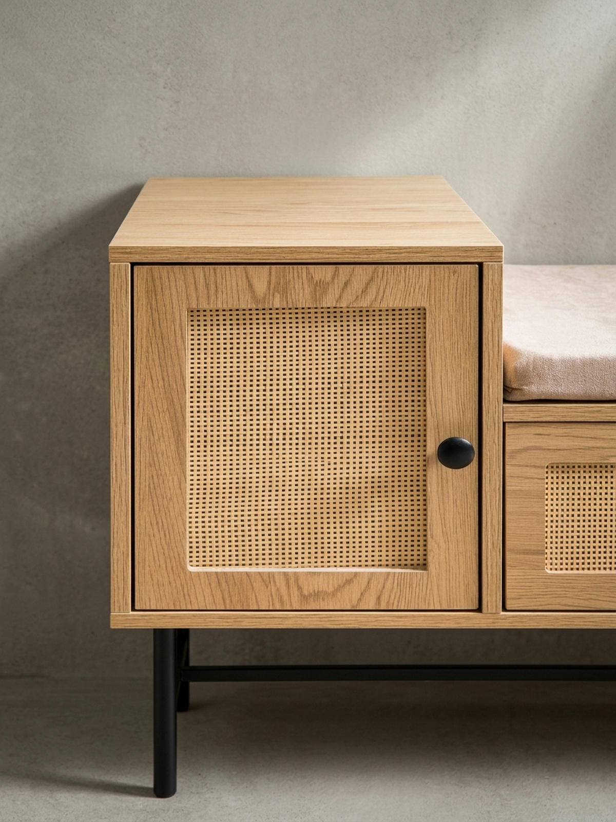 SCHUHBANK – Eiche-Dekor, 100x60x38 cm, Rattan-Elemente, gepolstert, mit Stauraum - Beige/Schwarz, Textil/Metall (100/60/38cm) - KADIMA DESIGN