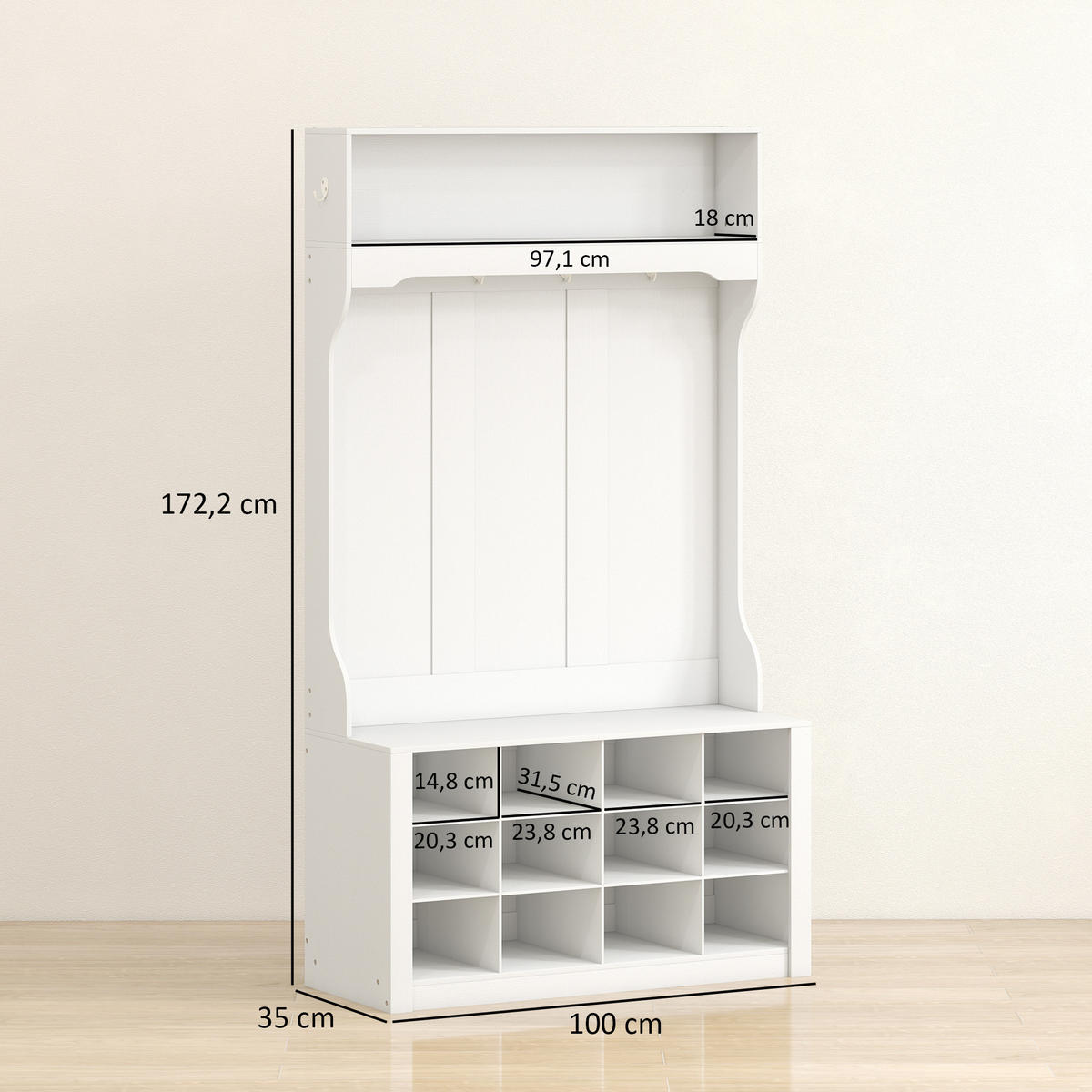 GARDEROBENSTÄNDER mit Sitzbank Kleiderständer mit Schuhregal 6 Haken - Weiß, Holzwerkstoff (35/172.2/100cm) - HOMCOM