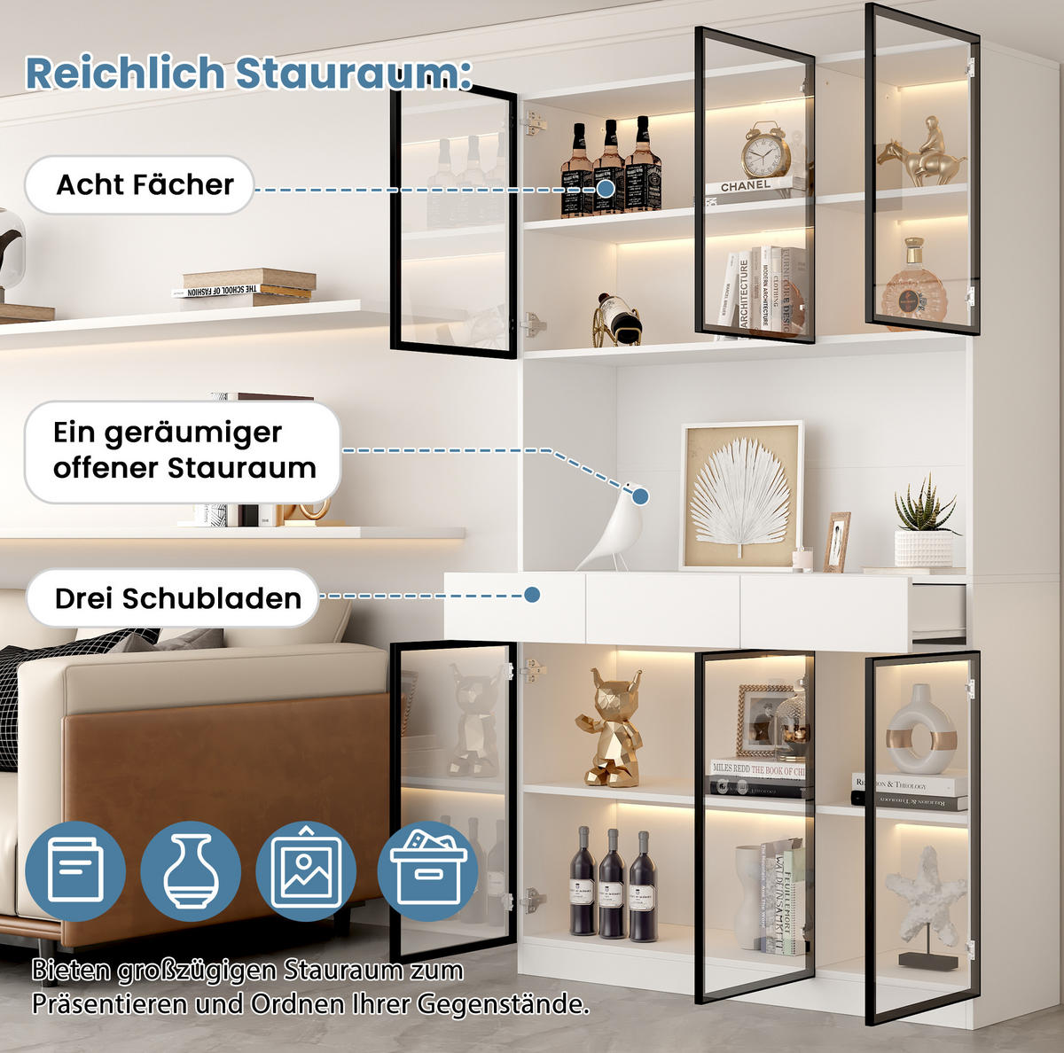 VITRINENSCHRANK mit LED 240 x 200 cm Weiß mit schwarzem Aluminiumrahmen - Weiß, Holzwerkstoff (240/200/36cm) - Beauniv