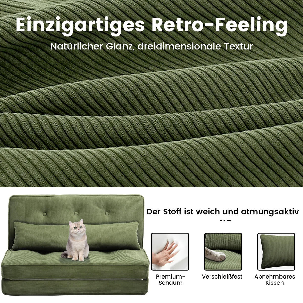 SOFA BED 2-Sitzer Grün, verstellbare Rückenlehne 6-fach - Grün, Textil (90/22/53cm) - Kaket