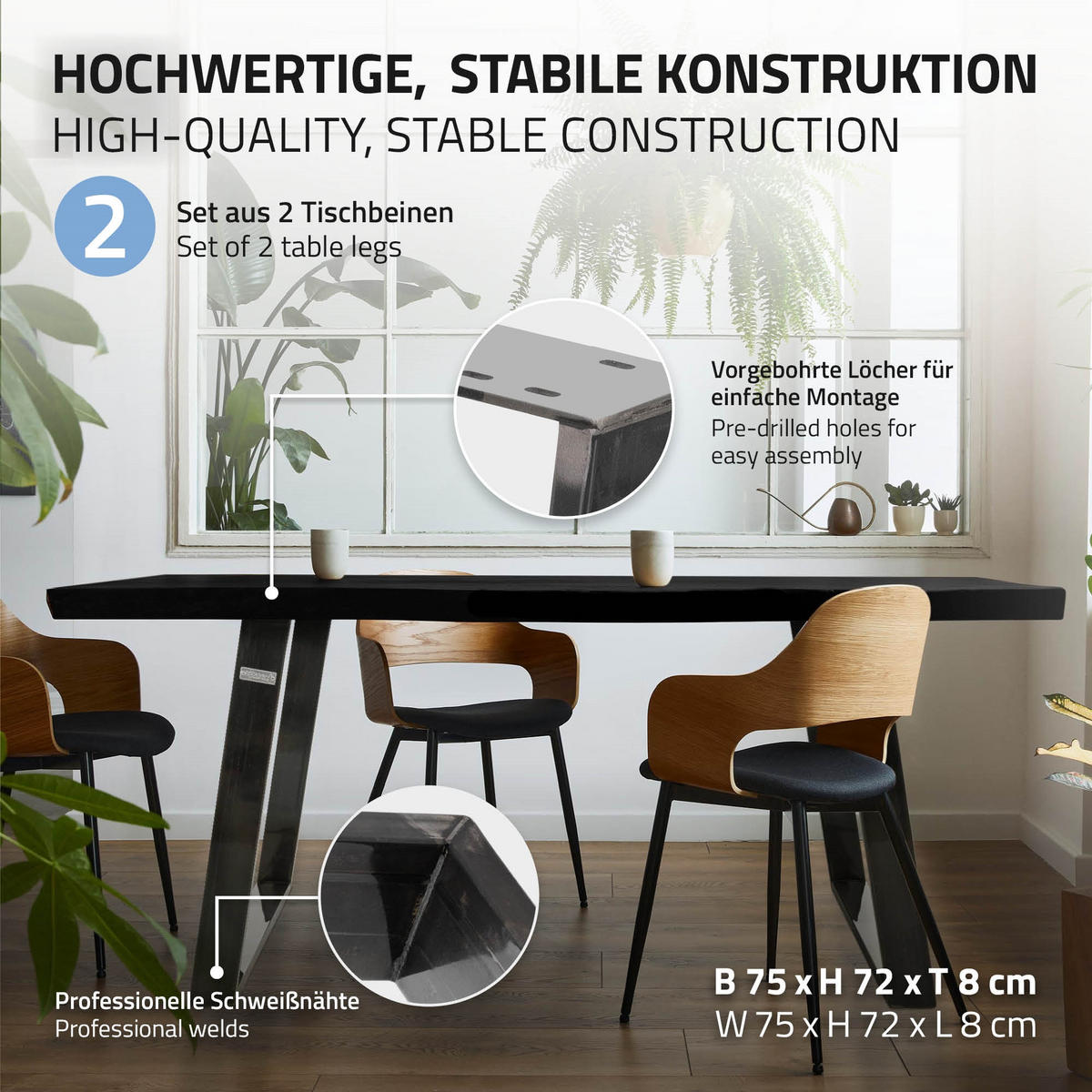 TISCHBEINE 2er Set 80GRAD 75 x 72 cm Dunkelgrau - Klar, Metall (75/8/72cm) - ML-DESIGN