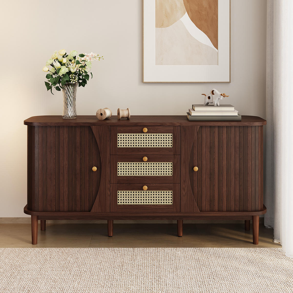 SIDEBOARD Rattan Schiebetüren verstellbar - Naturfarben, Holzwerkstoff (140.5/73/40cm) - LEBENLANG