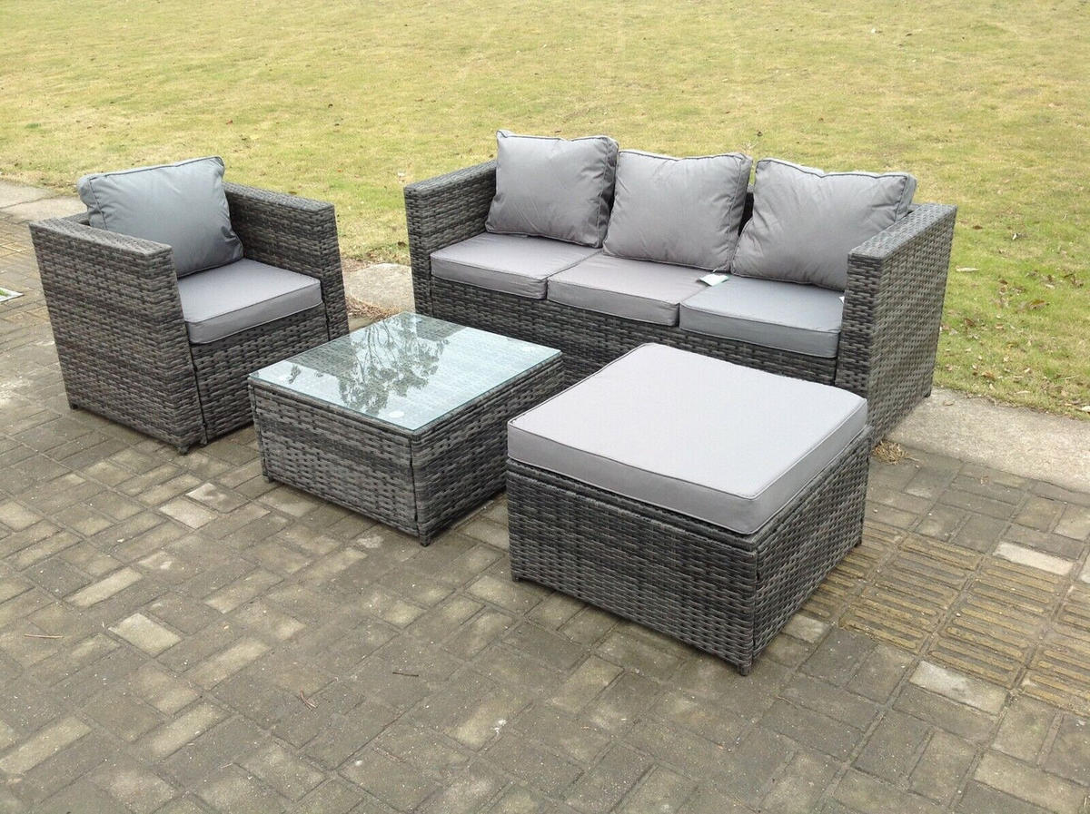 GARTENMÖBELSET mit Couchtisch Polyrattan 5-Sitzer - Dunkelgrau/Grau, Glas/Kunststoff - Fimous
