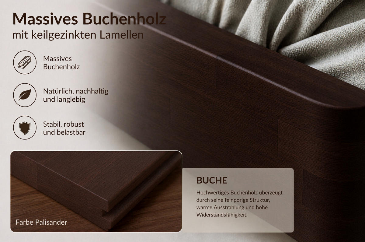 MASSIVHOLZBETT Lena, 200/200, Buche - lackiert, Palisanderfarbe - Wengefarben, Holz/Buchenholz (200/200cm) - Visby