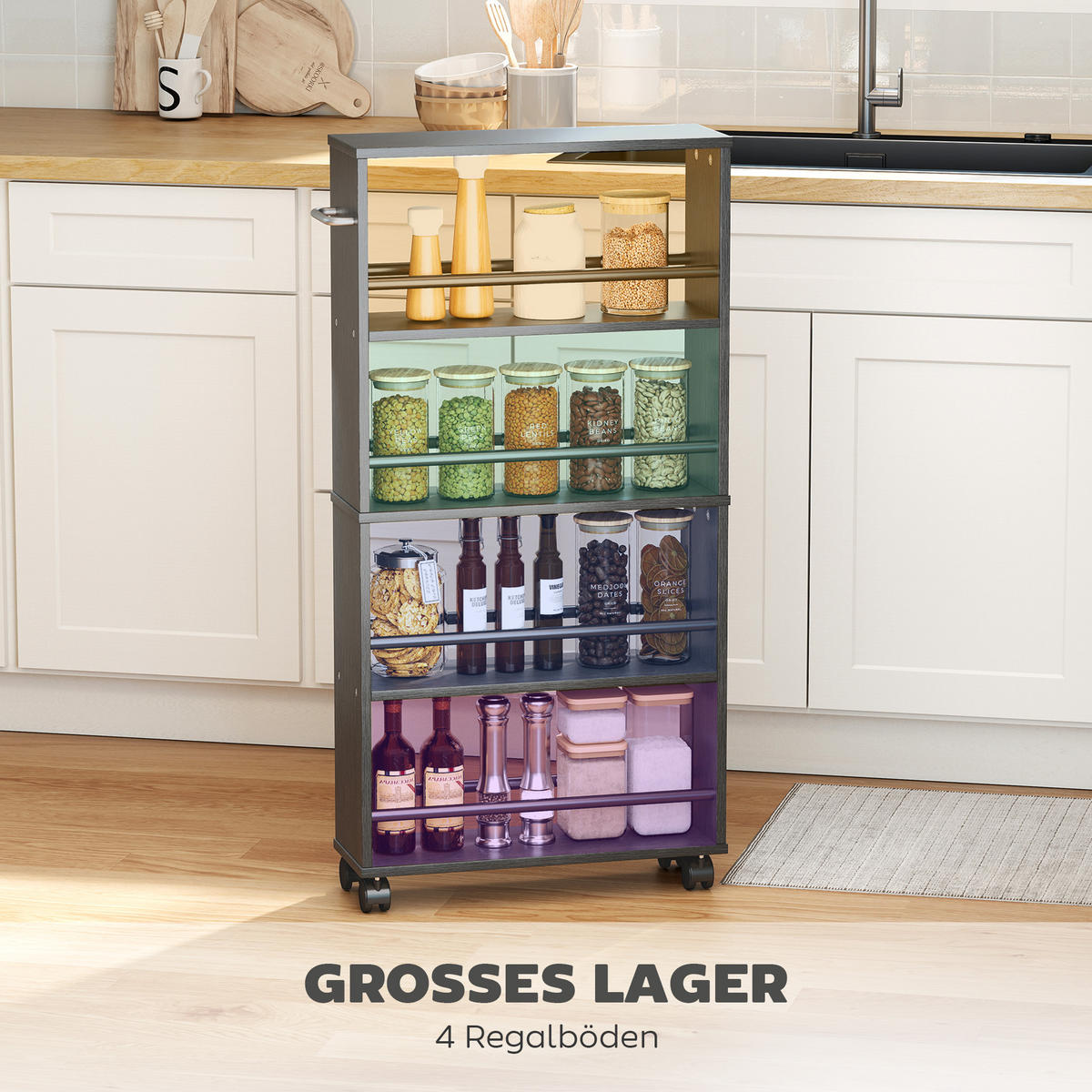 ROLLWAGEN, Schmaler Servierwagen mit 4 Etagen, Griffe, für Küche, Schwarz - Silberfarben/Schwarz, Holzwerkstoff/Metall (15/91/45cm) - HOMCOM