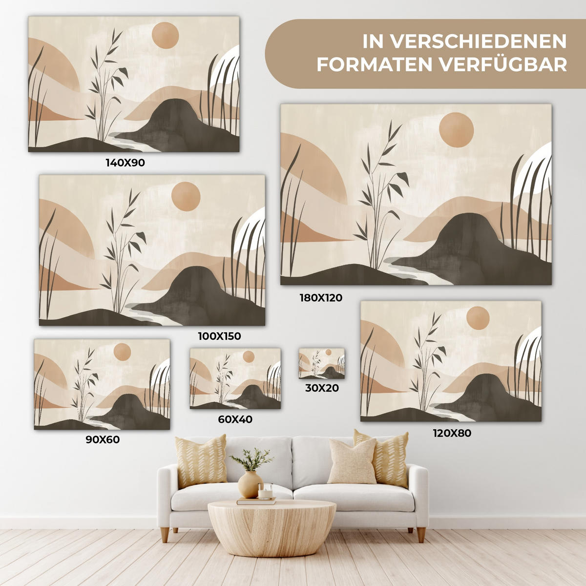 LEINWANDBILD Japandi - Landschaft - Beige XXL 150x100 cm - Cognac, Textil (150/100cm) - MuchoWow