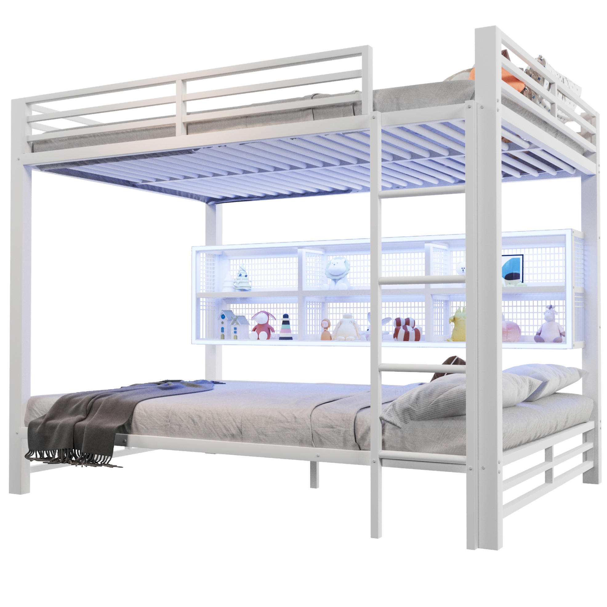 ETAGENBETT 140/200 cm Weiß mit LED und Stauraumschränken - Weiß, Metall (140/200cm) - MIVRAY