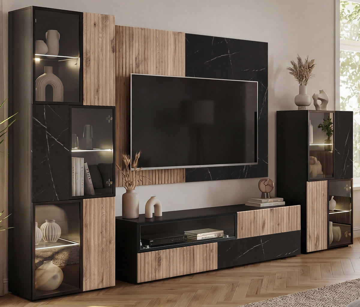 WOHNWAND Eiche, Marmor schwarz 300 cm, Anbauwand inklusive LED-Beleuchtung - Eichefarben/Schwarz, Glas/Holzwerkstoff (300/182/45cm) - Inn.Furn