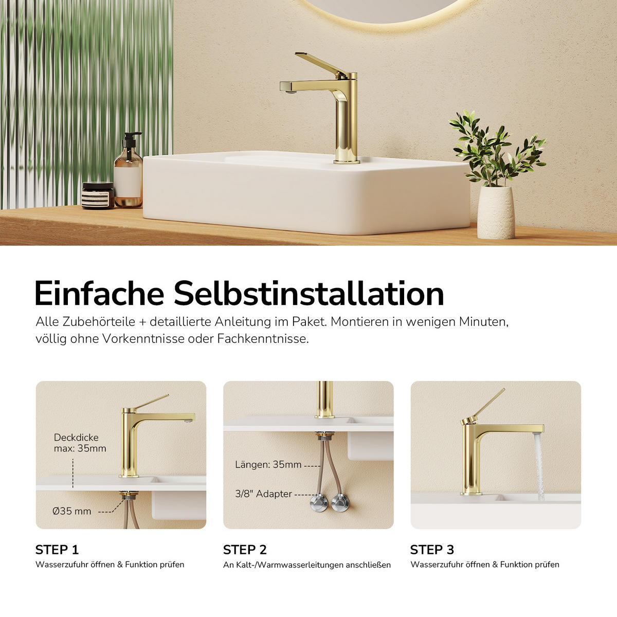 WASCHTISCHARMATUR mit Spulen-Zertifiziertem Filterelement Champagnergold - Goldfarben, Metall (17.3/4.6/19.5cm) - EMKE