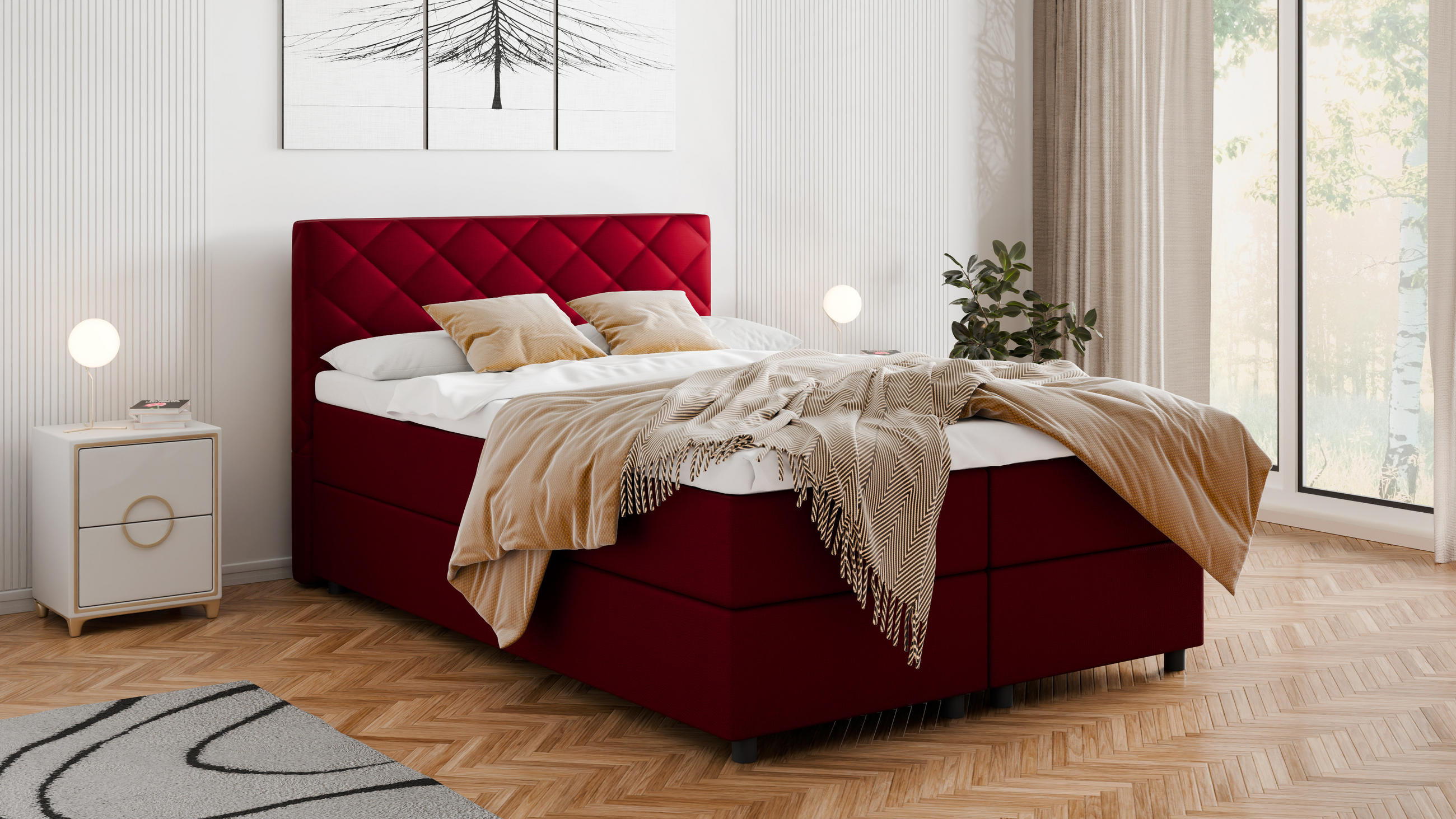 BOXBETT Diamaro 140x200 cm mit Bettkasten und Topper - Rot - Rot, Holz (140/200cm) - Panda Möbel