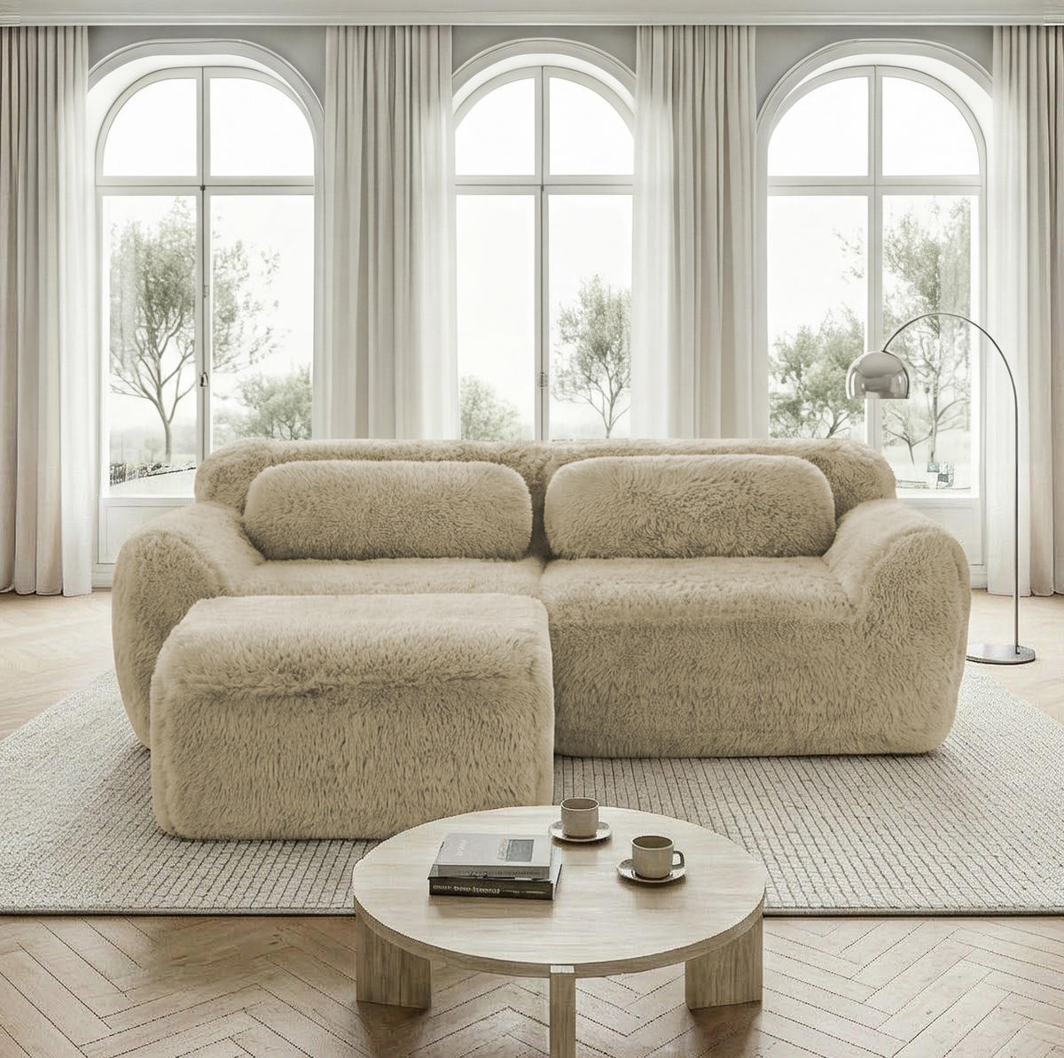 ECKSOFA in L-Form modular mit Ottoman, Premium-Plüschstoff und ohne Montage, Hellkhaki - Beige, Textil (204/179cm) - Redom