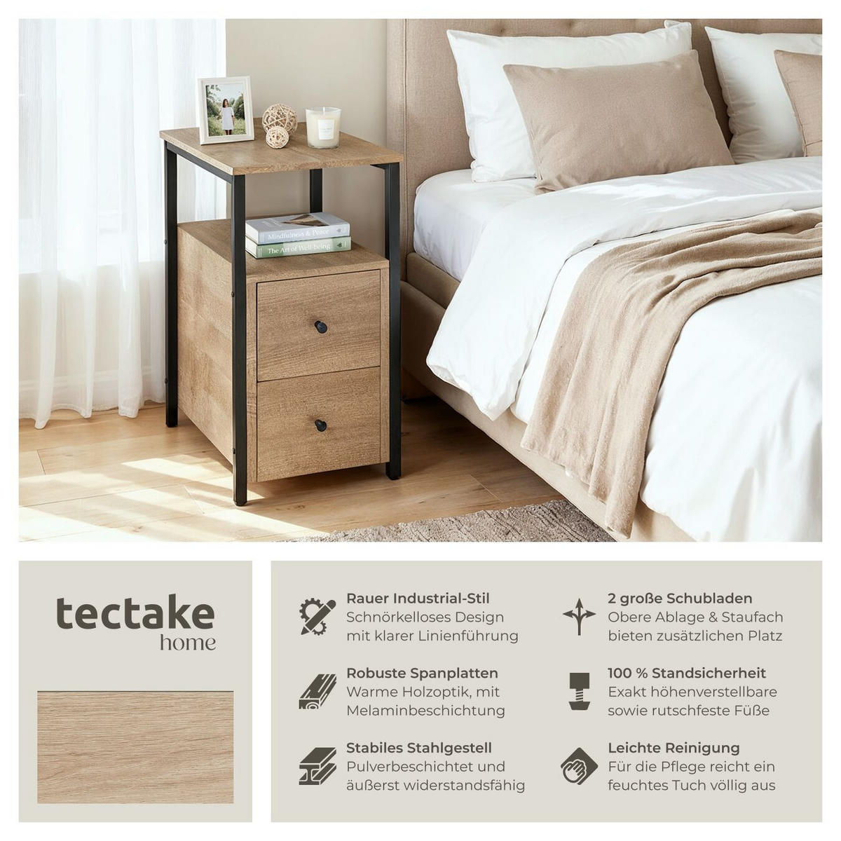 NACHTSCHRANK Tullamore, 30 x 49,5 x 61,5 cm, Industrial Holz hell, Eiche Sonoma - Naturfarben, Holzwerkstoff (30/61.5/49.5cm) - tectake