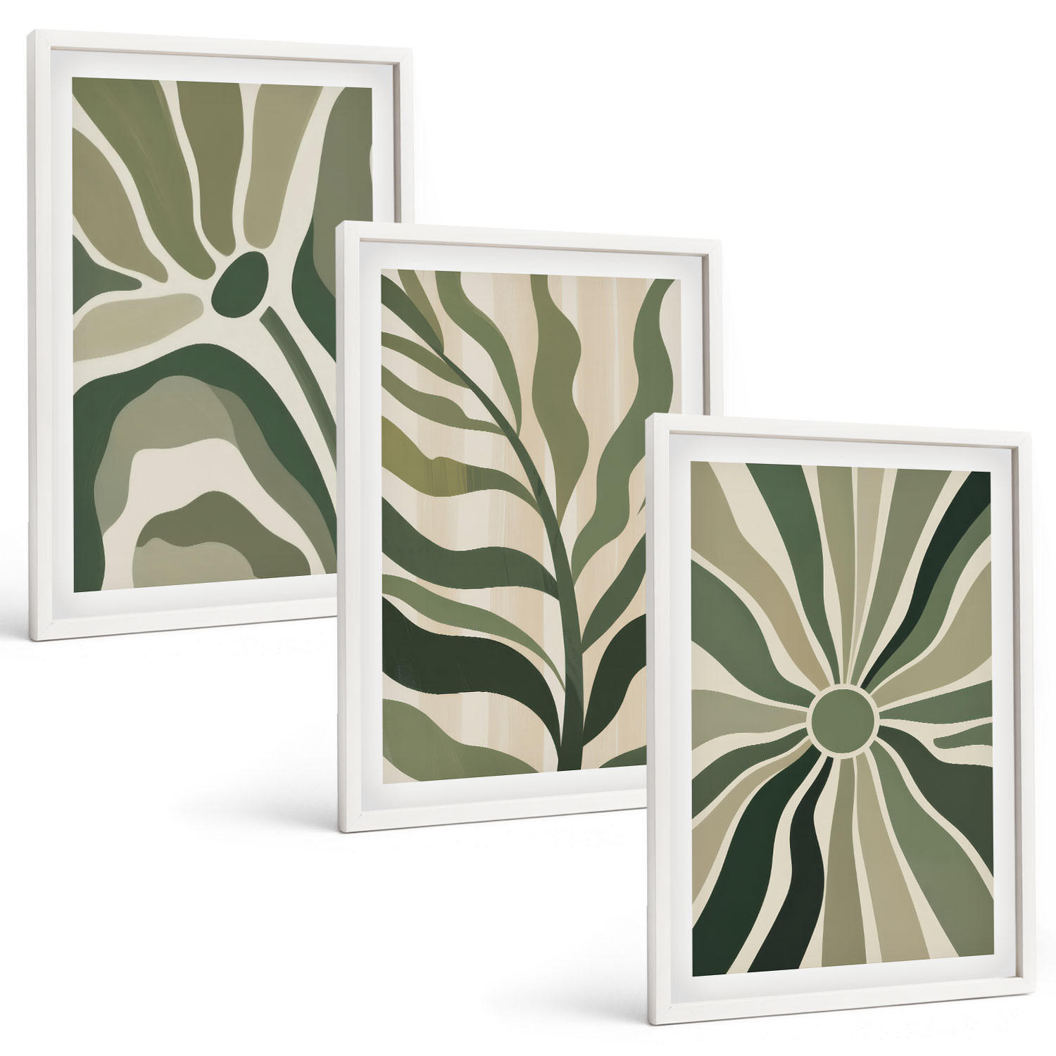 BILDER SET 3er Set - 40x60 cm Weißer Rahmen - Grüne und beige Pflanzenmuster - Weiß, Kunststoff (40/60cm) - TULUP