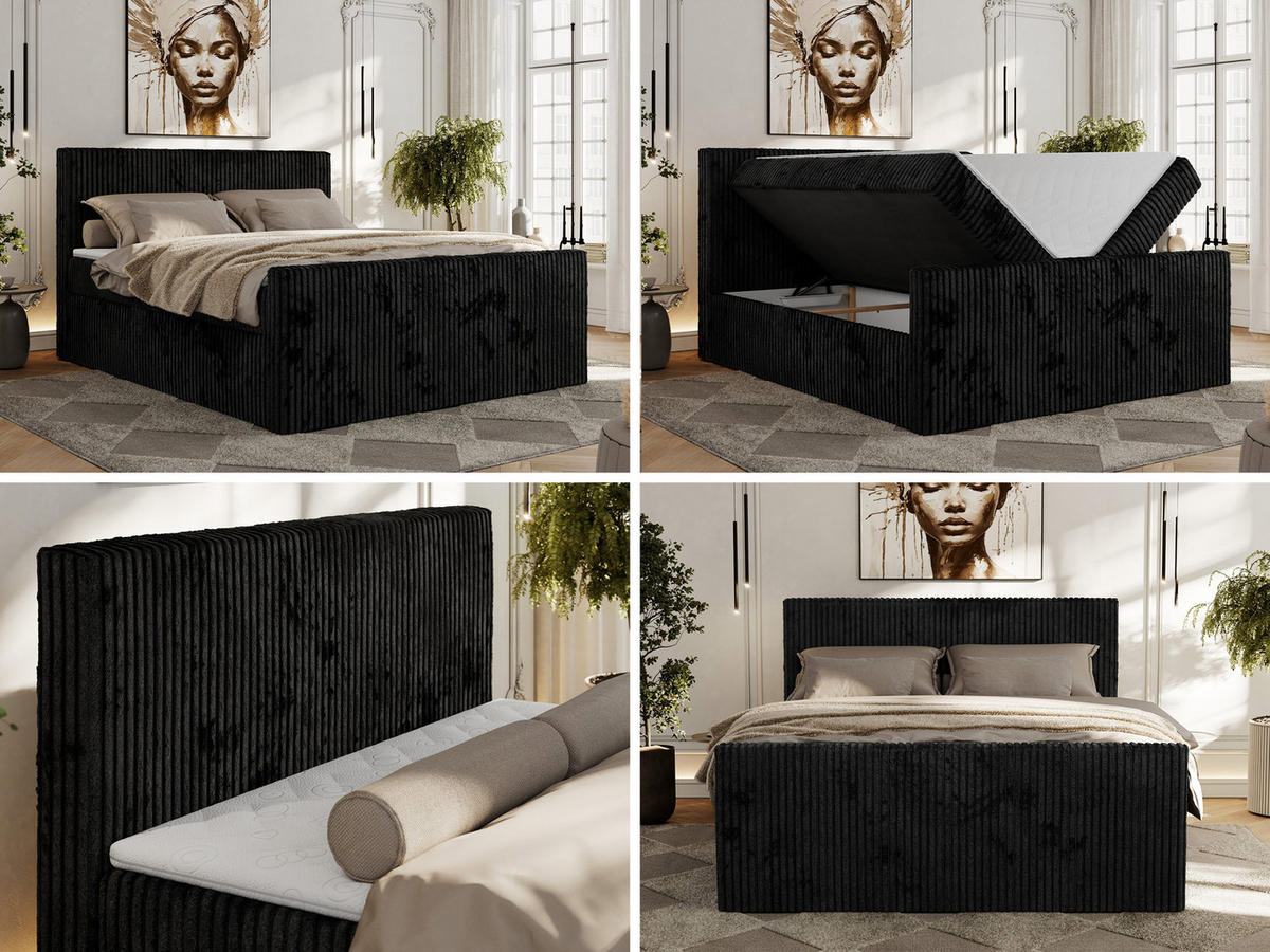 BOXBETT TILIANO DUO 160/200 - Schwarz Cord - H4 - Schwarz, Textil (160/200cm) - MKS