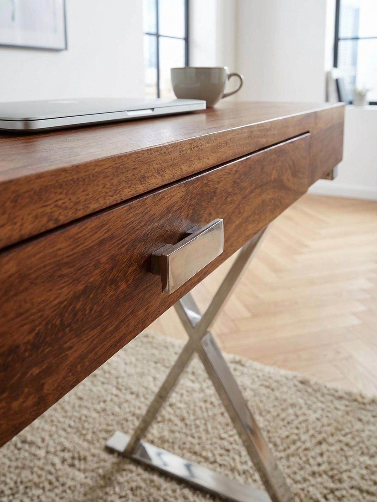 SCHREIBTISCH Massivholz X-Gestell Schublade, Silber 120x55x78 cm - Silberfarben, Holz/Metall (55/120/78cm) - KADIMA DESIGN