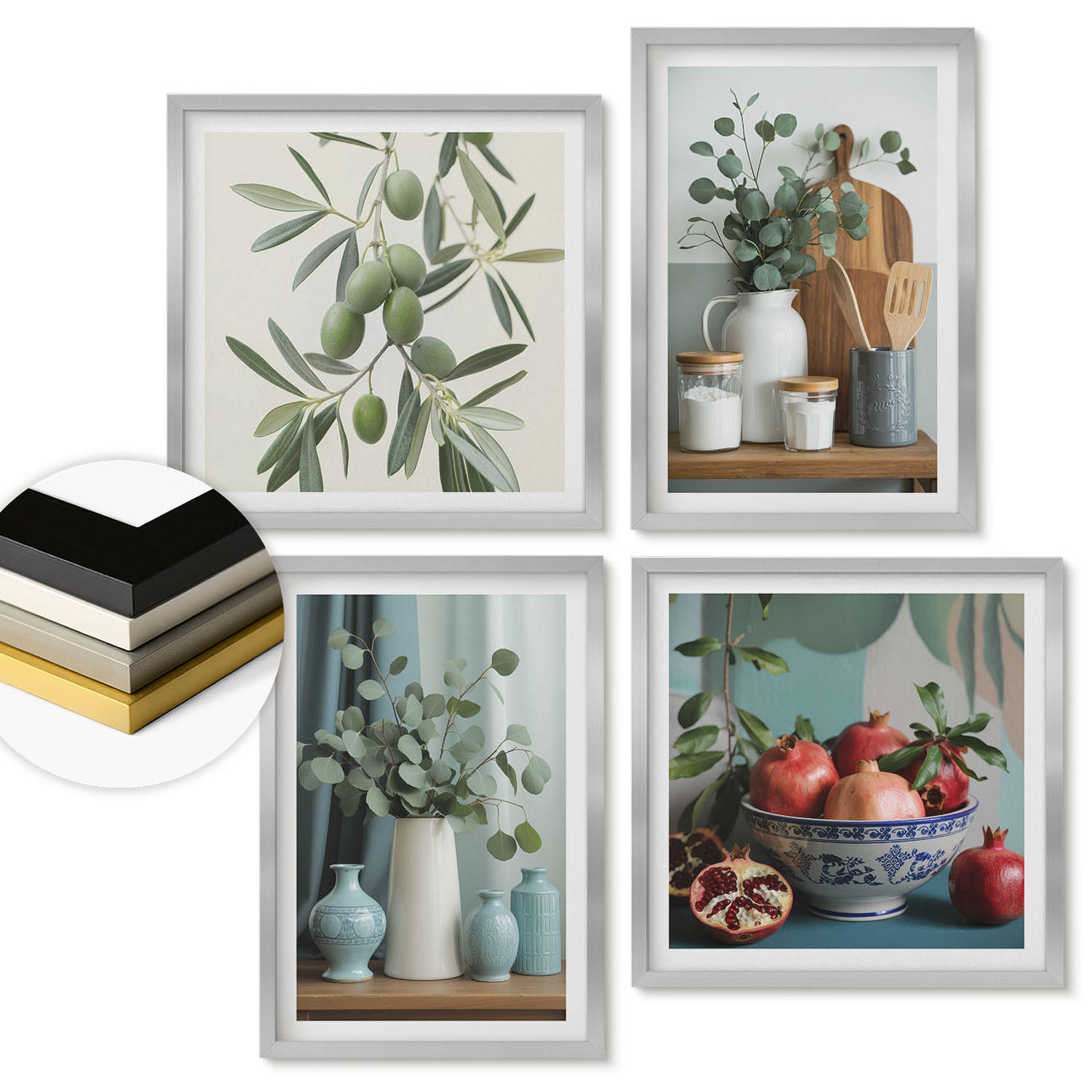 WANDBILDER 4er Set - 50x50 cm & 40x60 cm Silberner Rahmen - Grüne Oliven, Eukalyptus - Silberfarben, Kunststoff (50/50cm) - ArtPrintCave