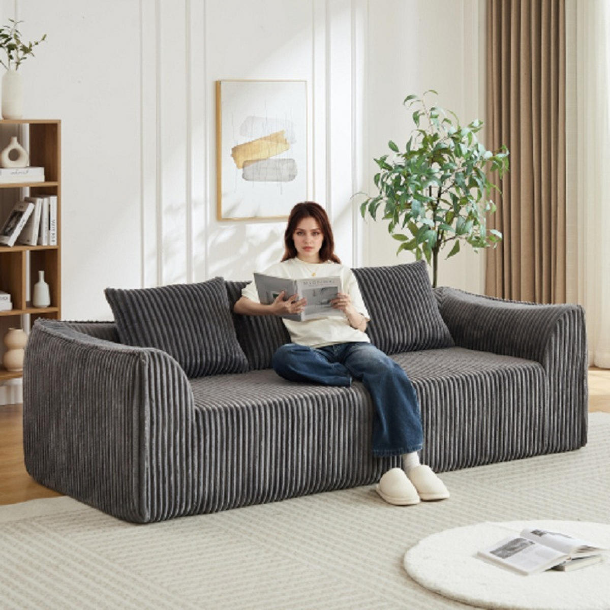 3-SITZER SOFA Cord Grau mit 2 Kissen - Grau, Textil (235.5/72.5/101cm) - WISHDOR