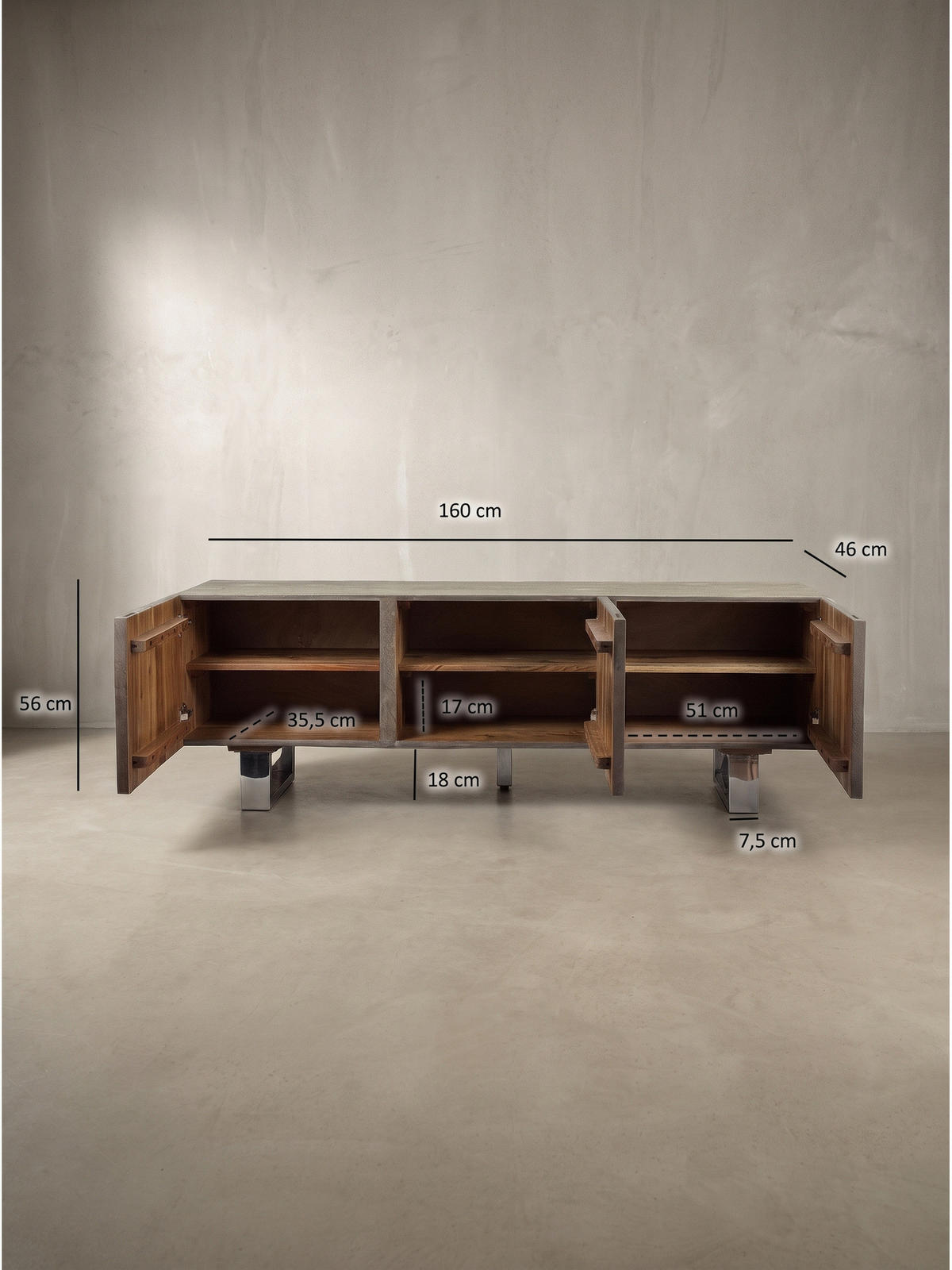 LOWBOARD GRIPSHOLM, Akazie Massivholz, handgefertigt, Akazie-Grau, 160 x 46 x 56 cm - Chromfarben/Grau, Holz/Metall (160/56/46cm) - KADIMA DESIGN