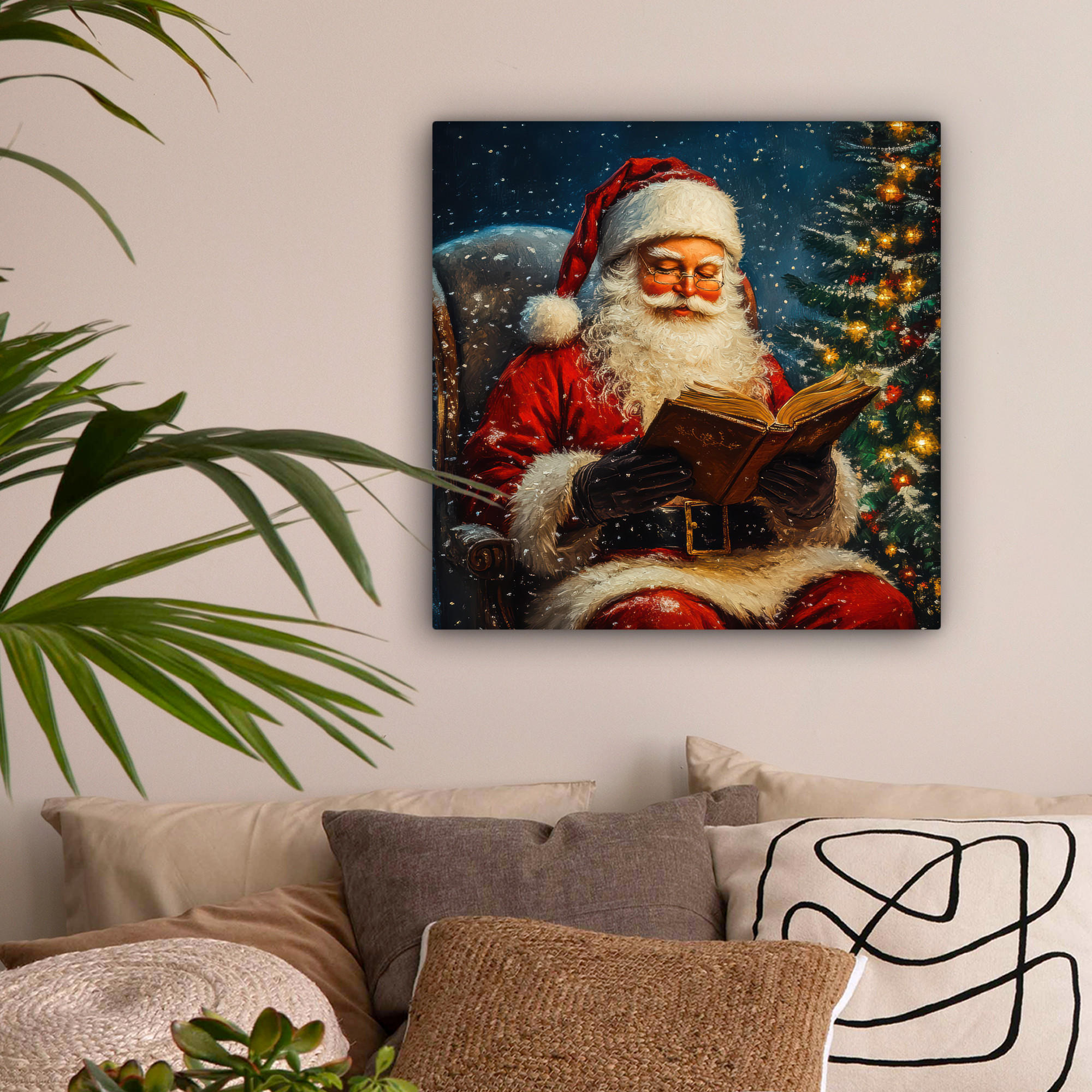 LEINWANDBILD Weihnachtsmann - Weihnachten - Winter - Weihnachtsbaum 50x50 cm - Bordeaux, Textil (50/50cm) - MuchoWow