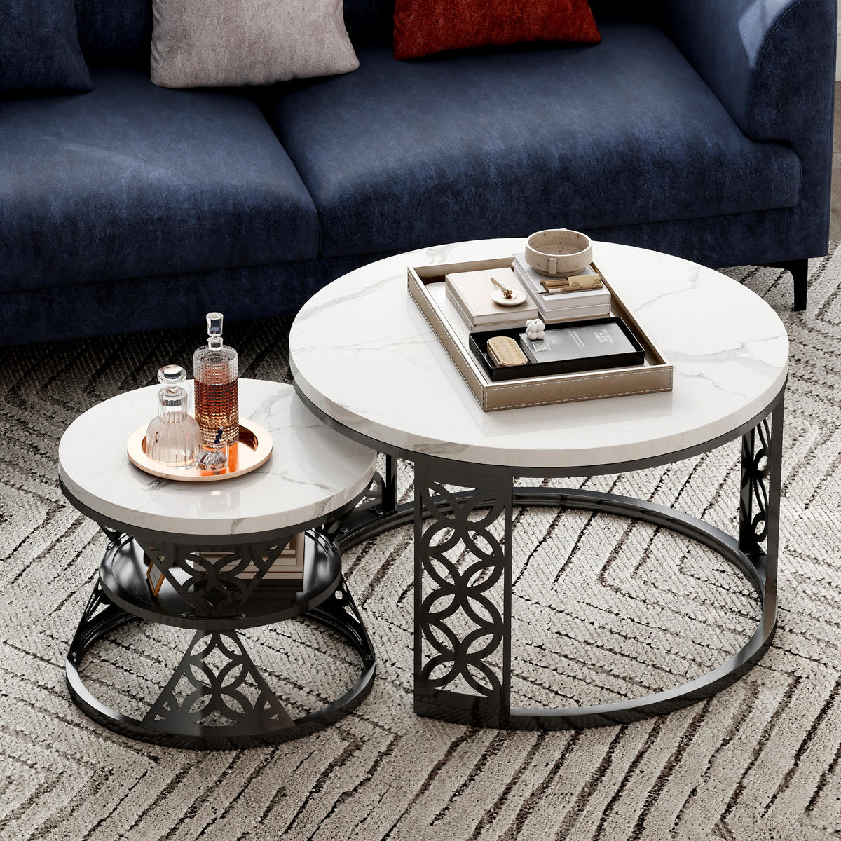 COUCHTISCH Moderner Satztisch 70/70/45 cm + 45/45/37 cm mit Marmor Furnier - Weiß, Holzwerkstoff (70/70/45cm) - OKWISH