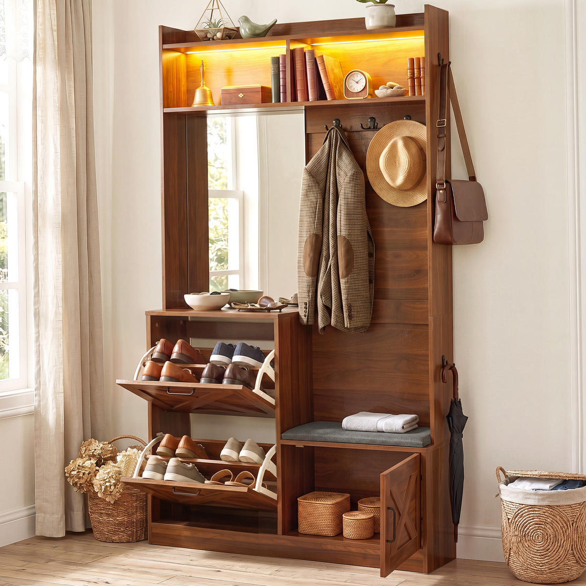 GARDEROBE Schuhschrank Spiegel LED App PB MDF - Walnussfarben, Holzwerkstoff (100/180/25cm) - FLIEKS