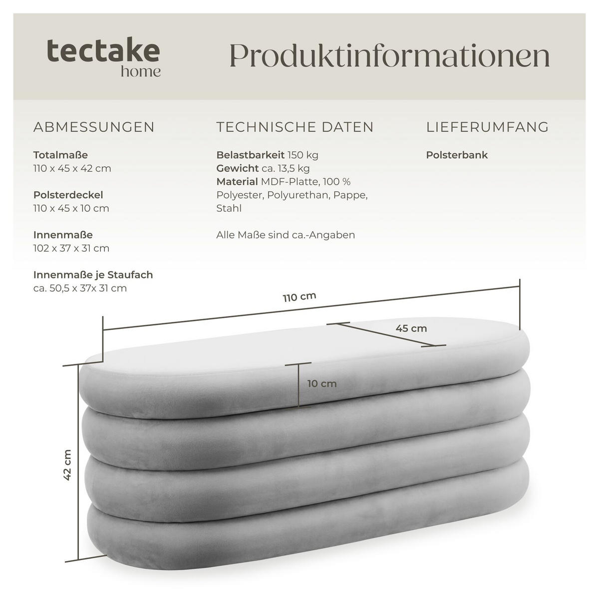 TRUHENBANK Altu,110 x 45 x 42 cm,Samtoptik grau - Samtahornfarben, Holz (110/42/45cm) - tectake