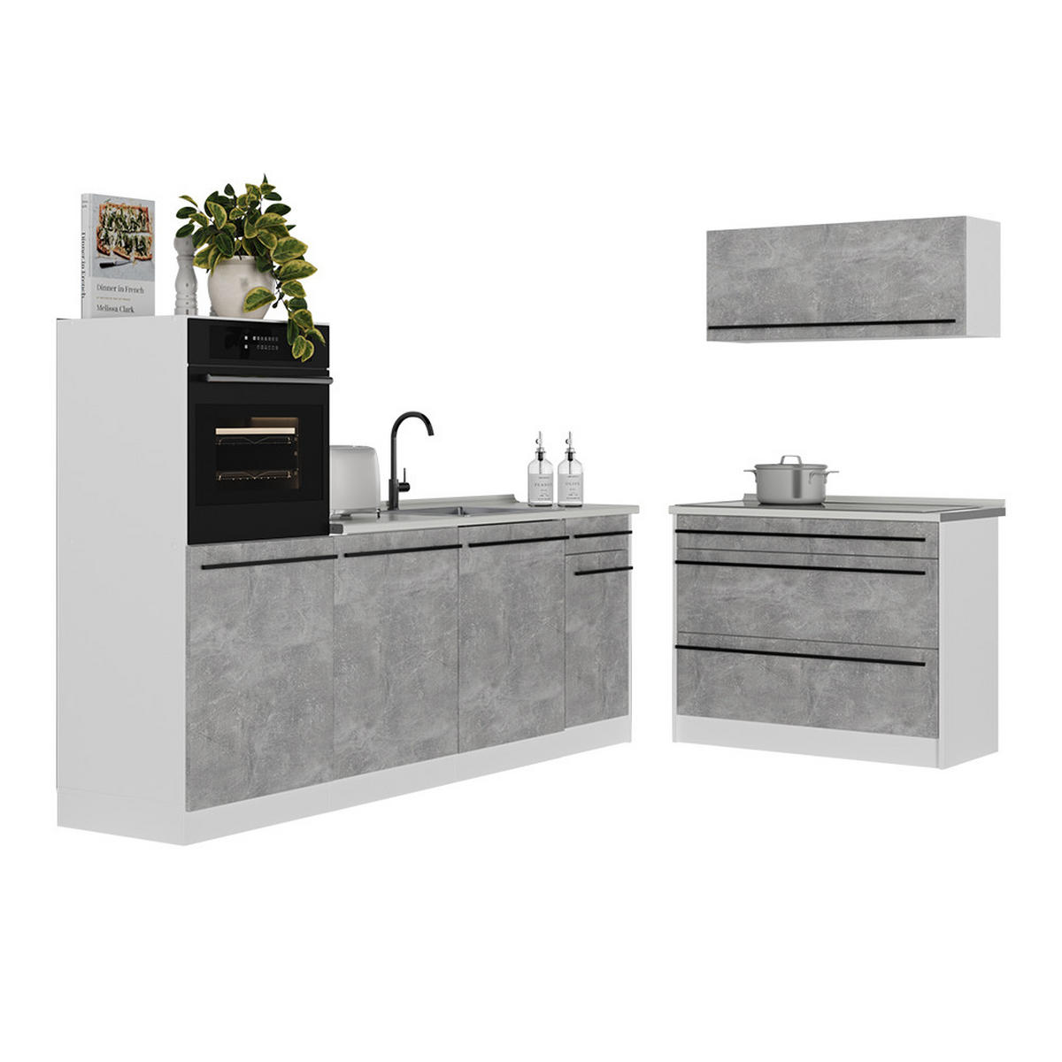 KUCHYNSKÝ KÚT R-Line, betón/biely, 220 cm antrasiitti työtaso - sivá/biela, kompozitné drevo (220/143/60cm) - Vicco