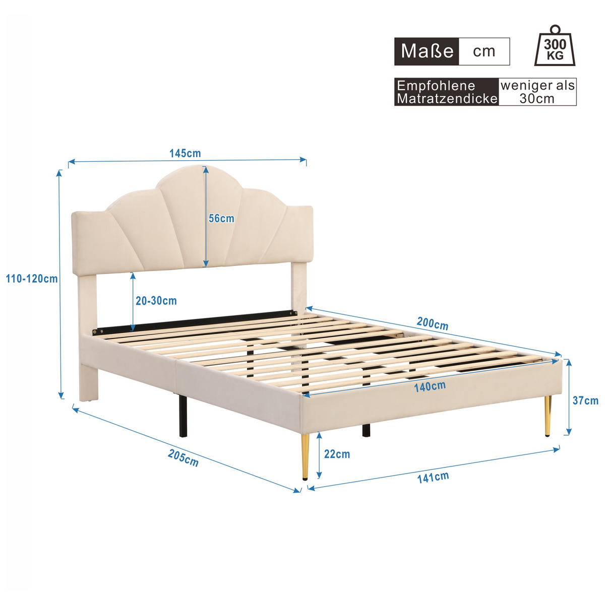 POLSTERBETT aus Samt 140x200 cm in Beige mit verstellbarem Kopfteil - Beige, Textil (140/200cm) - Modfu