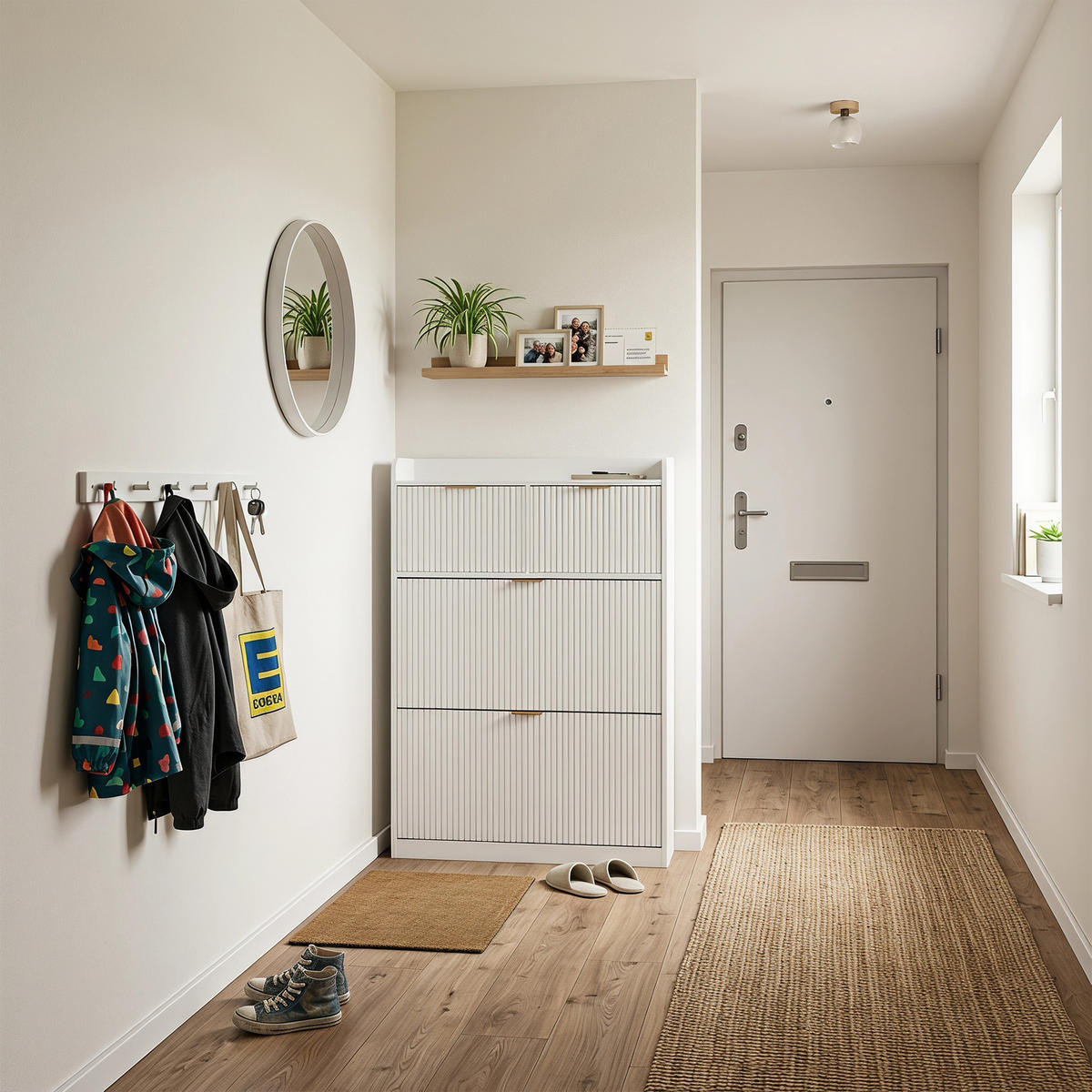 SCHUHSCHRANK mit zwei Schubladen und zwei Klappfächern, schmales Eingangsmöbel, mit Kippschutz, Weiß - Goldfarben/Weiß, Holzwerkstoff/Metall (24/110/8cm) - GENKI LIVING