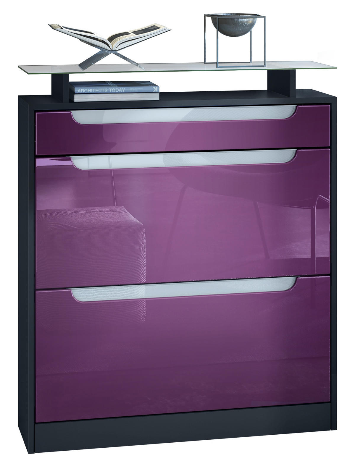 SCHUHSCHRANK Fiesta Brombeer Hochglanz / Weiß Hochglanz - Brombeere, Holzwerkstoff (89/104/23cm) - Vladon